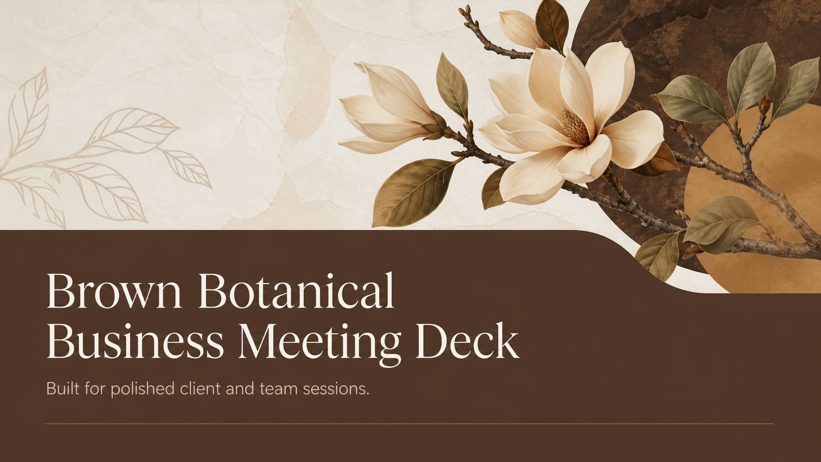 Cover of the Brown Botanical Business Meeting Deck with warm brown floral styling and refined typography.