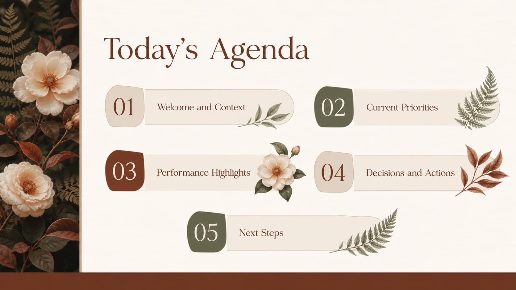 Botanical meeting agenda slide listing five topics in an elegant brown business layout.