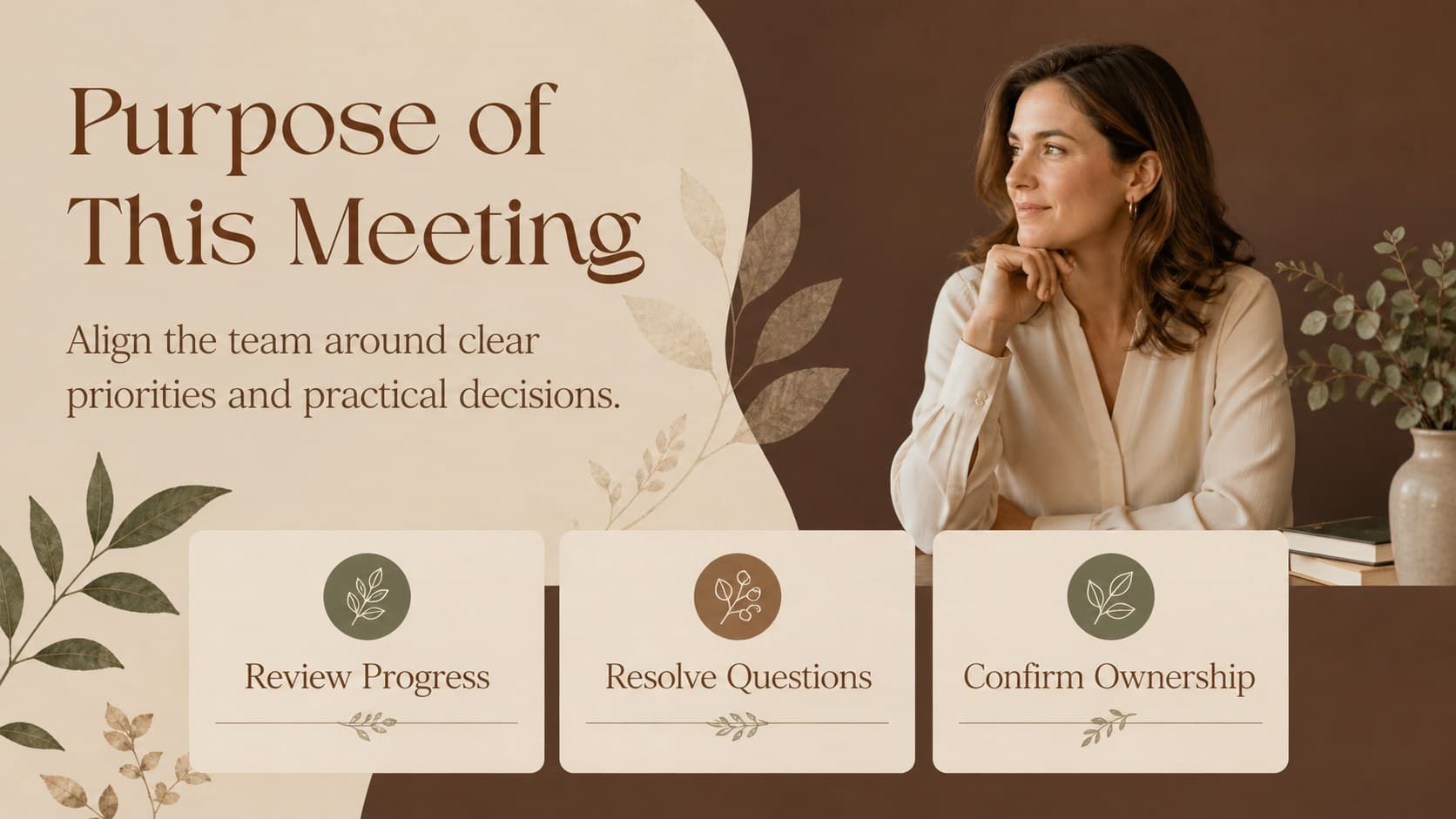 Elegant botanical corporate slide presenting a concise meeting purpose and three strategic objectives.