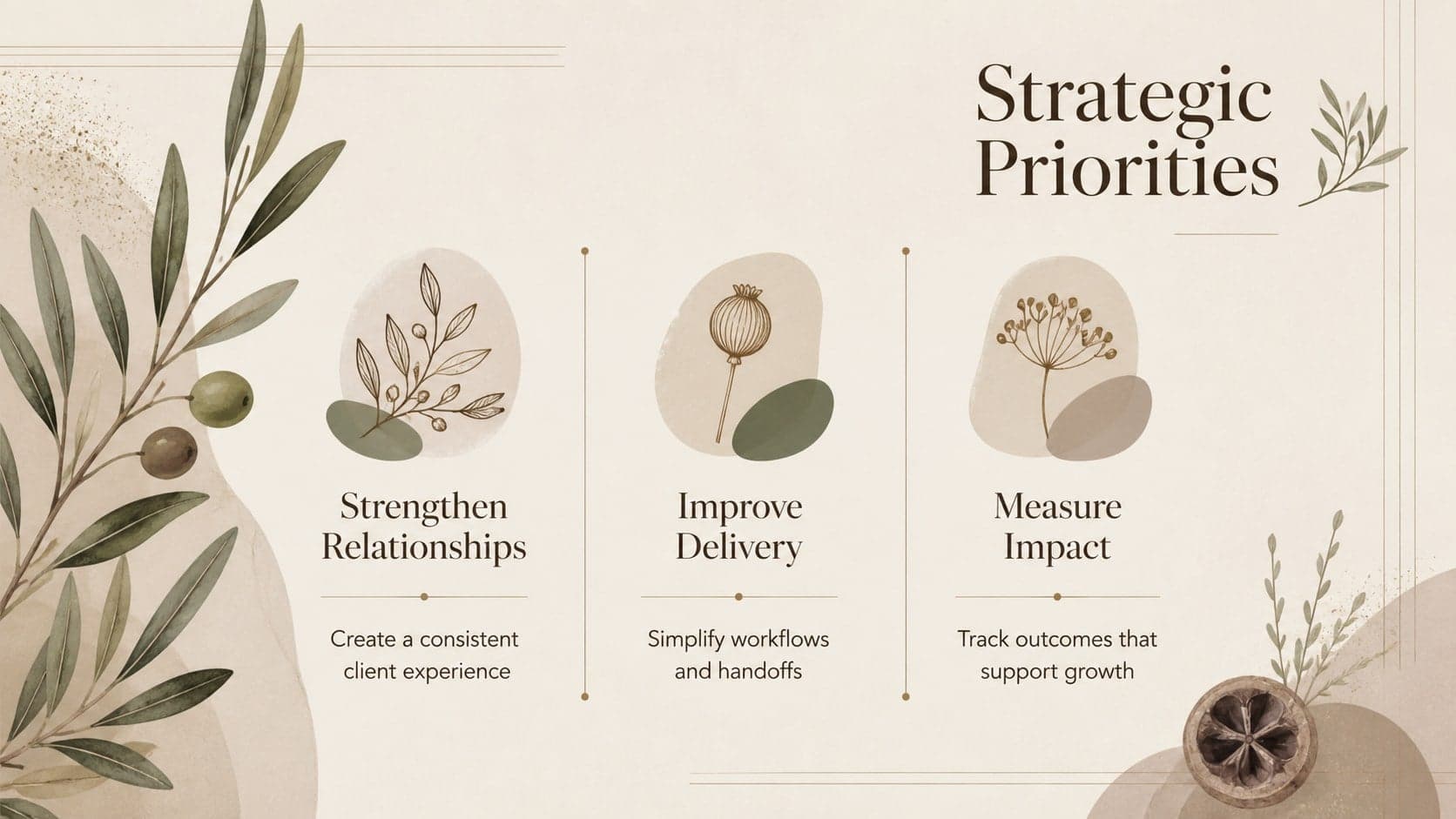 Brown marketing strategy deck slide showing three priorities with botanical accents and clear descriptions.