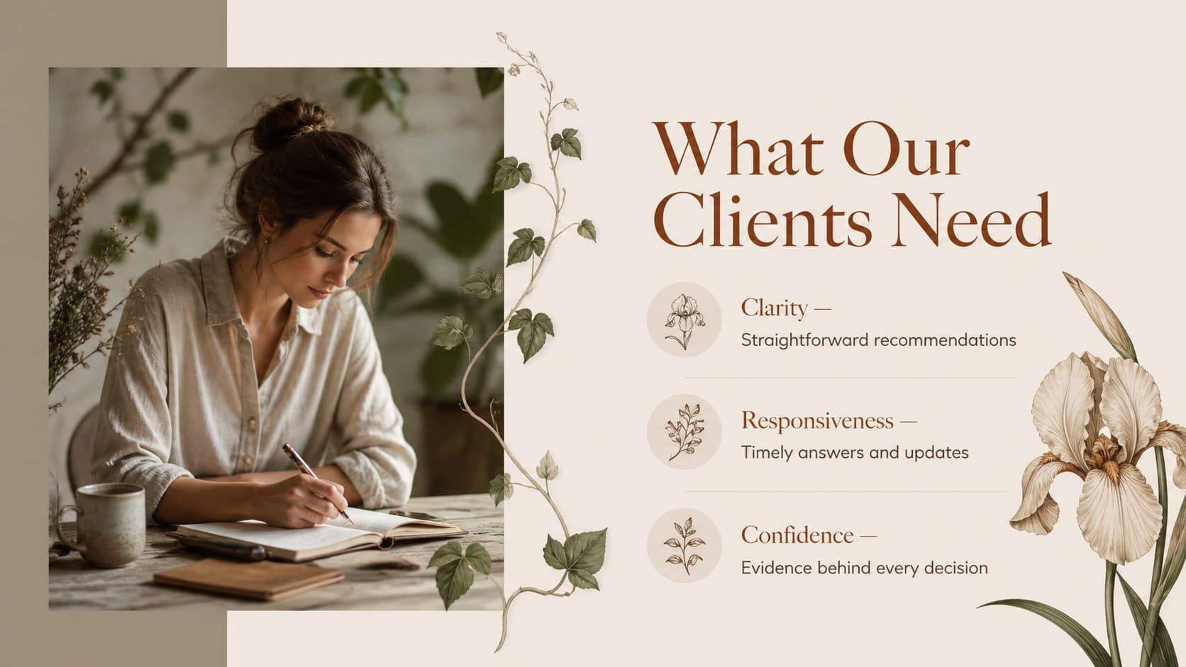 Luxury floral meeting presentation slide explaining client needs through three focused insights.