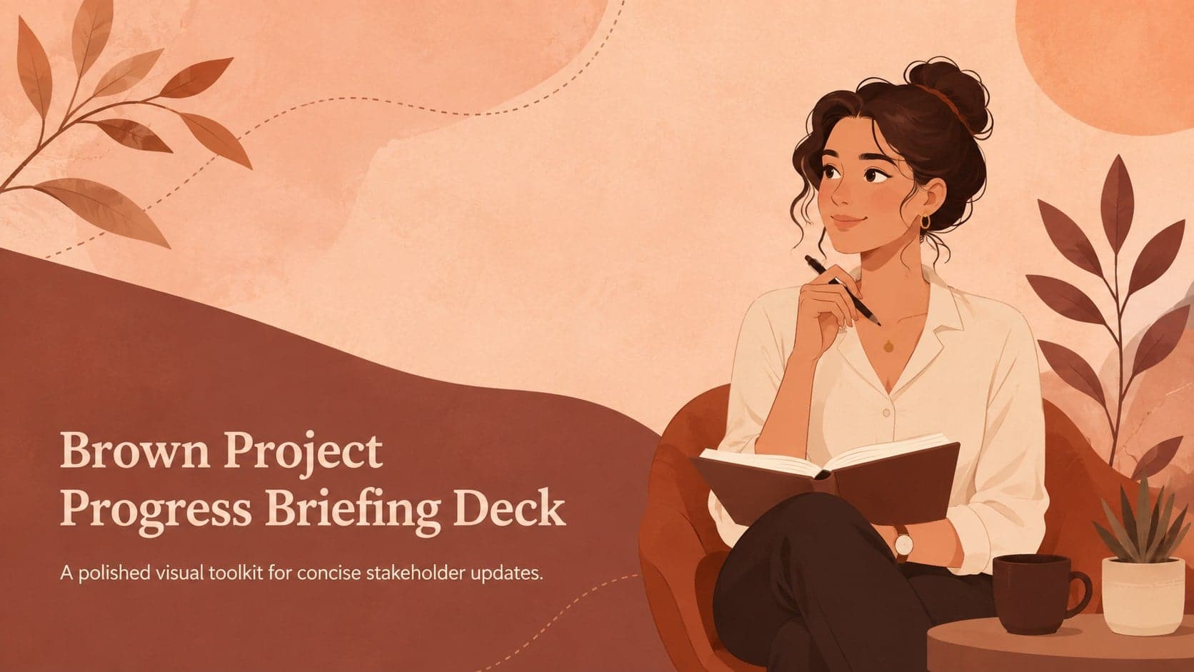 Cover of a Brown Project Progress Briefing Deck with elegant illustrated accents and a concise stakeholder-update subtitle.