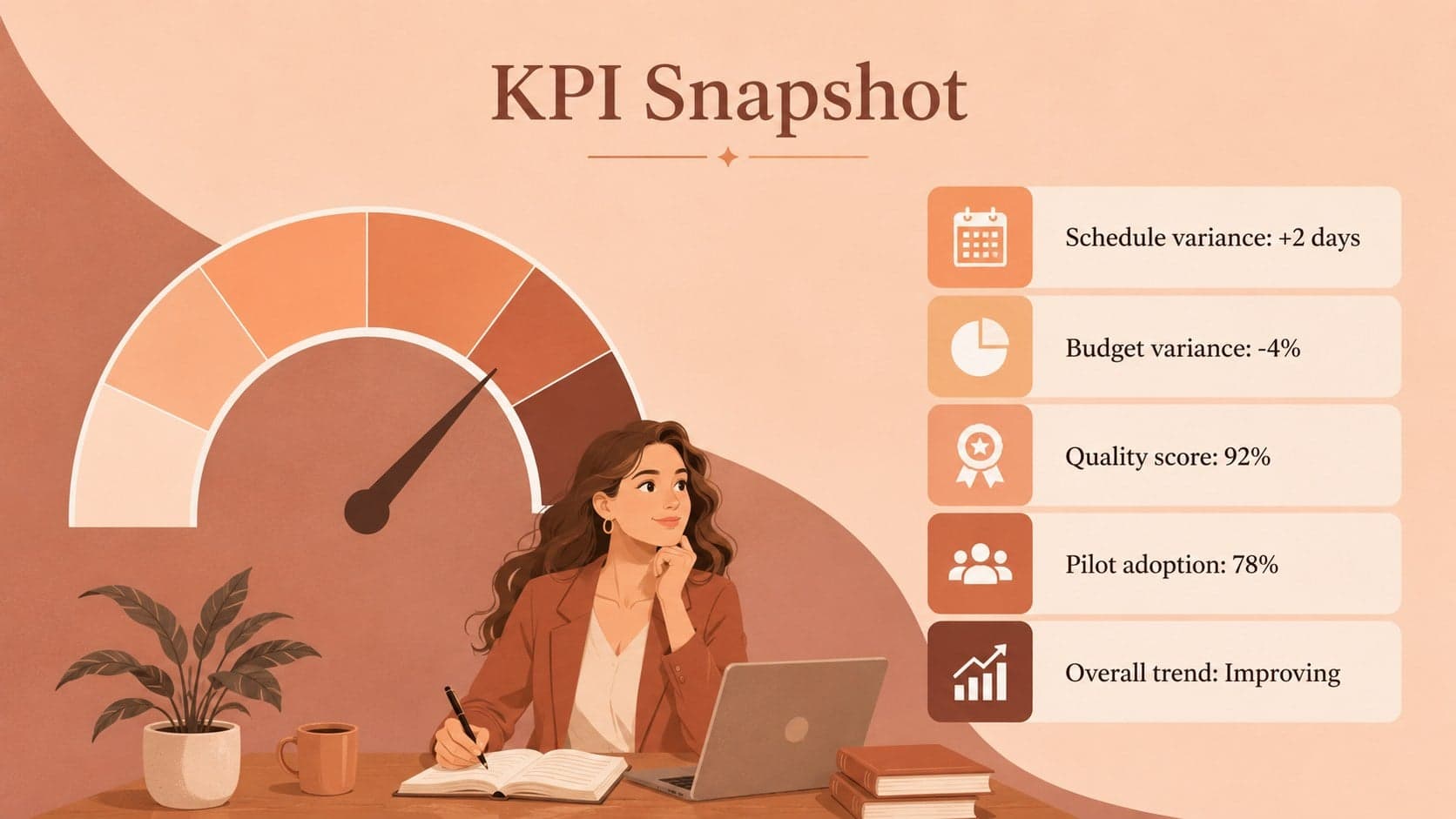 Executive project briefing template slide displaying schedule, budget, quality, and adoption KPI results.