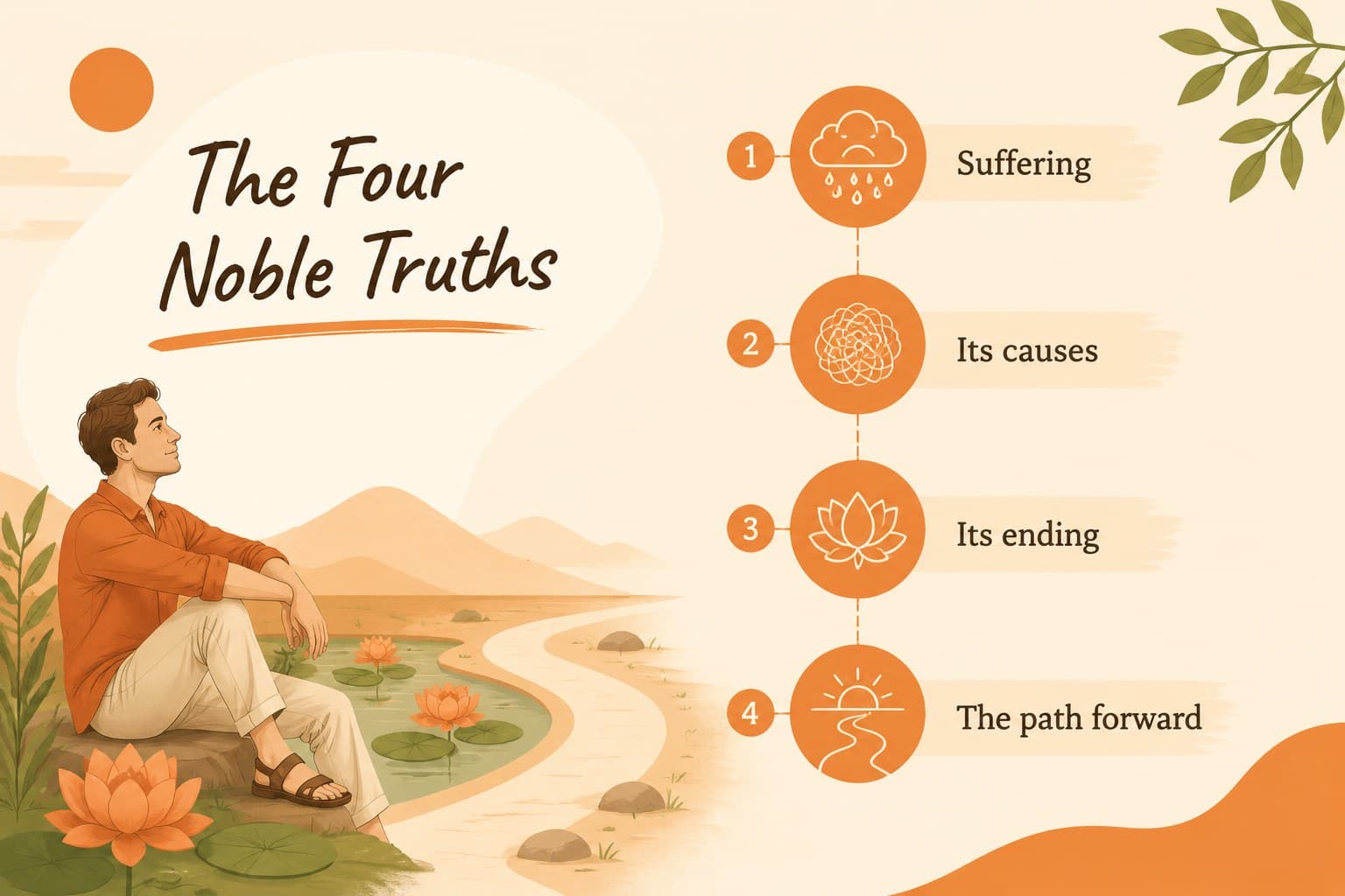 Buddhist classroom presentation slide outlining the Four Noble Truths with warm orange illustrations.