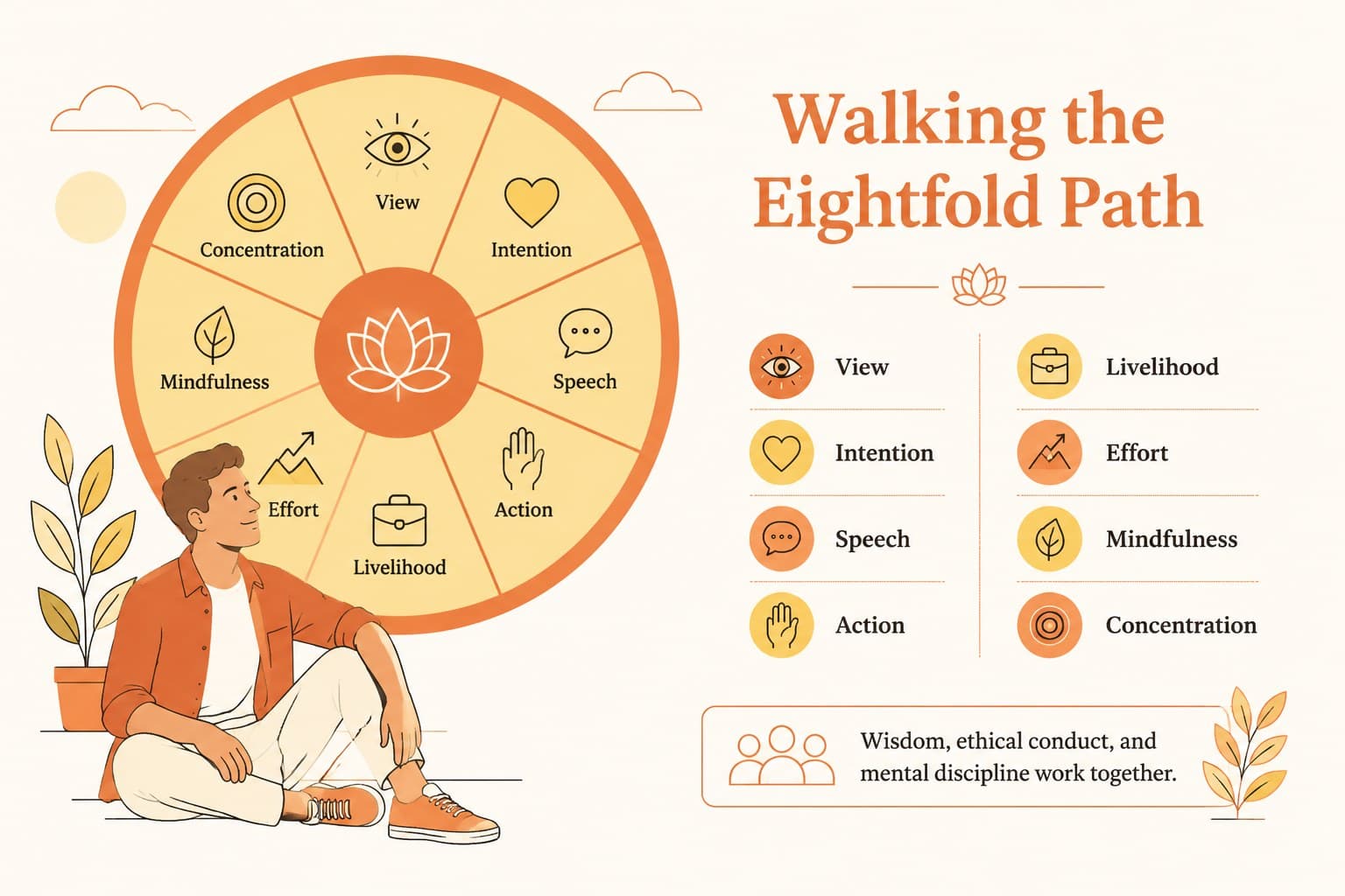 Orange Buddhism lesson slide presenting the Eightfold Path as an organized learning framework.