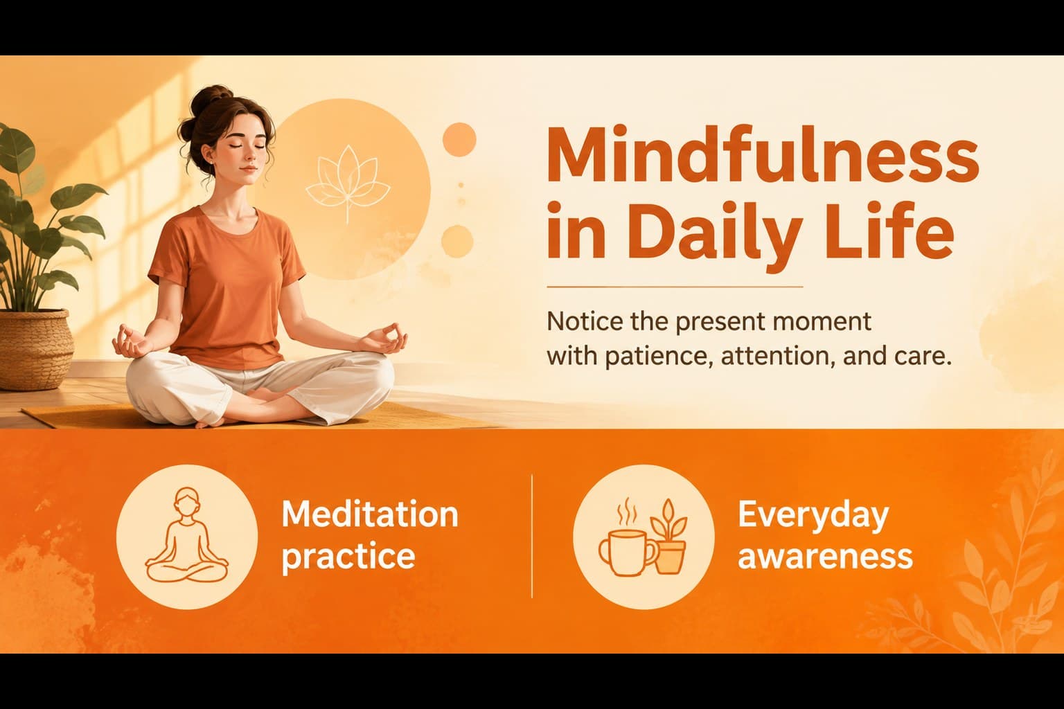 Buddhist beliefs lesson slide comparing mindfulness and meditation practices in an accessible orange design.