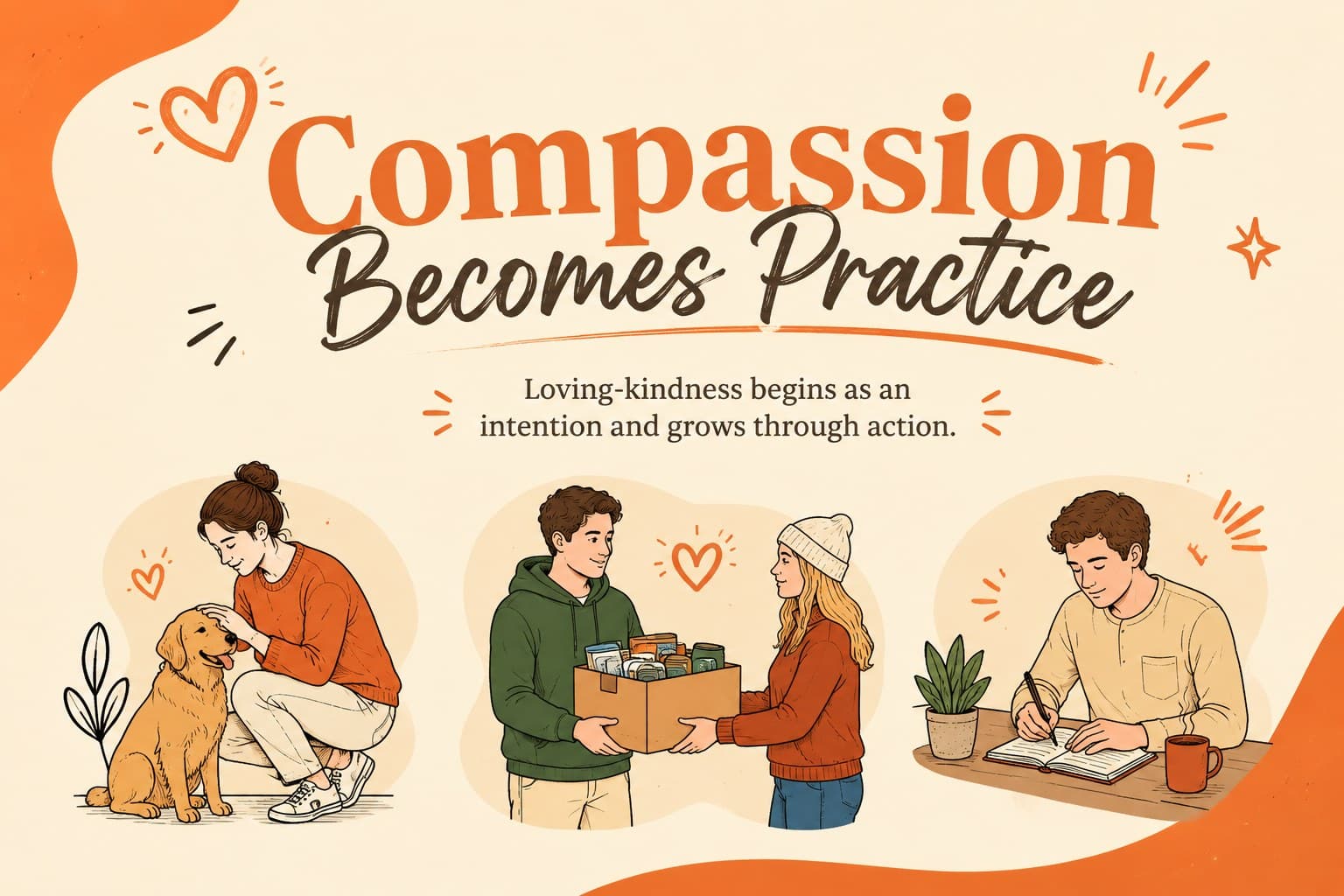 World religions visual lesson template slide highlighting compassion and loving-kindness in orange.