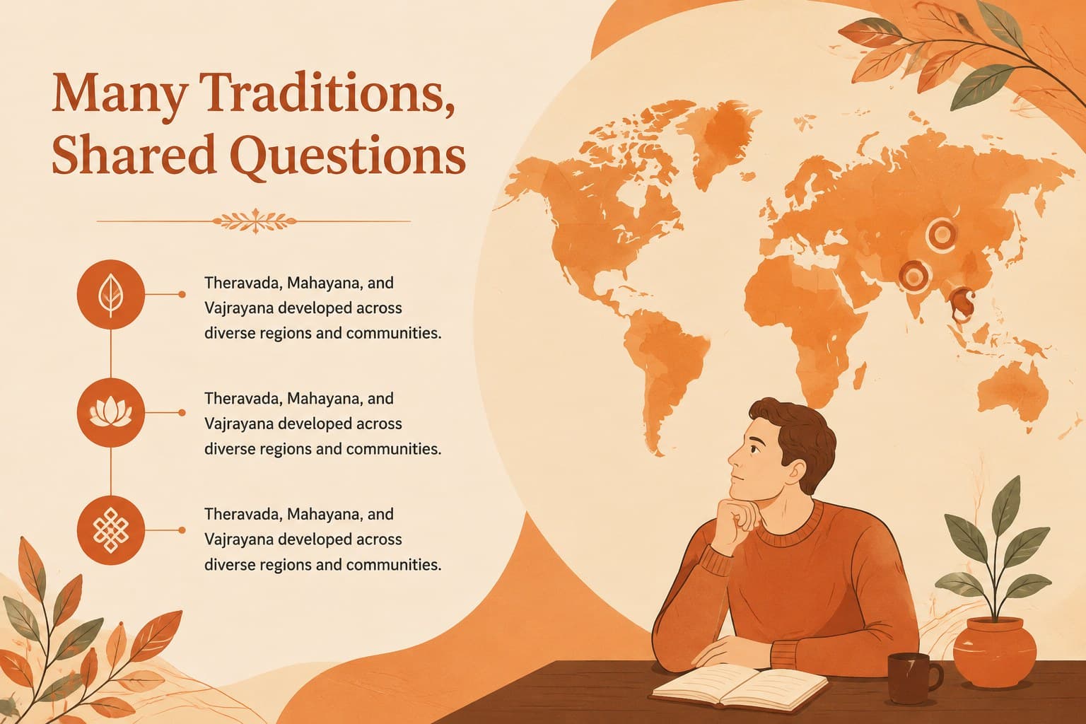 Buddhist classroom slide mapping traditions and communities with a friendly orange infographic layout.