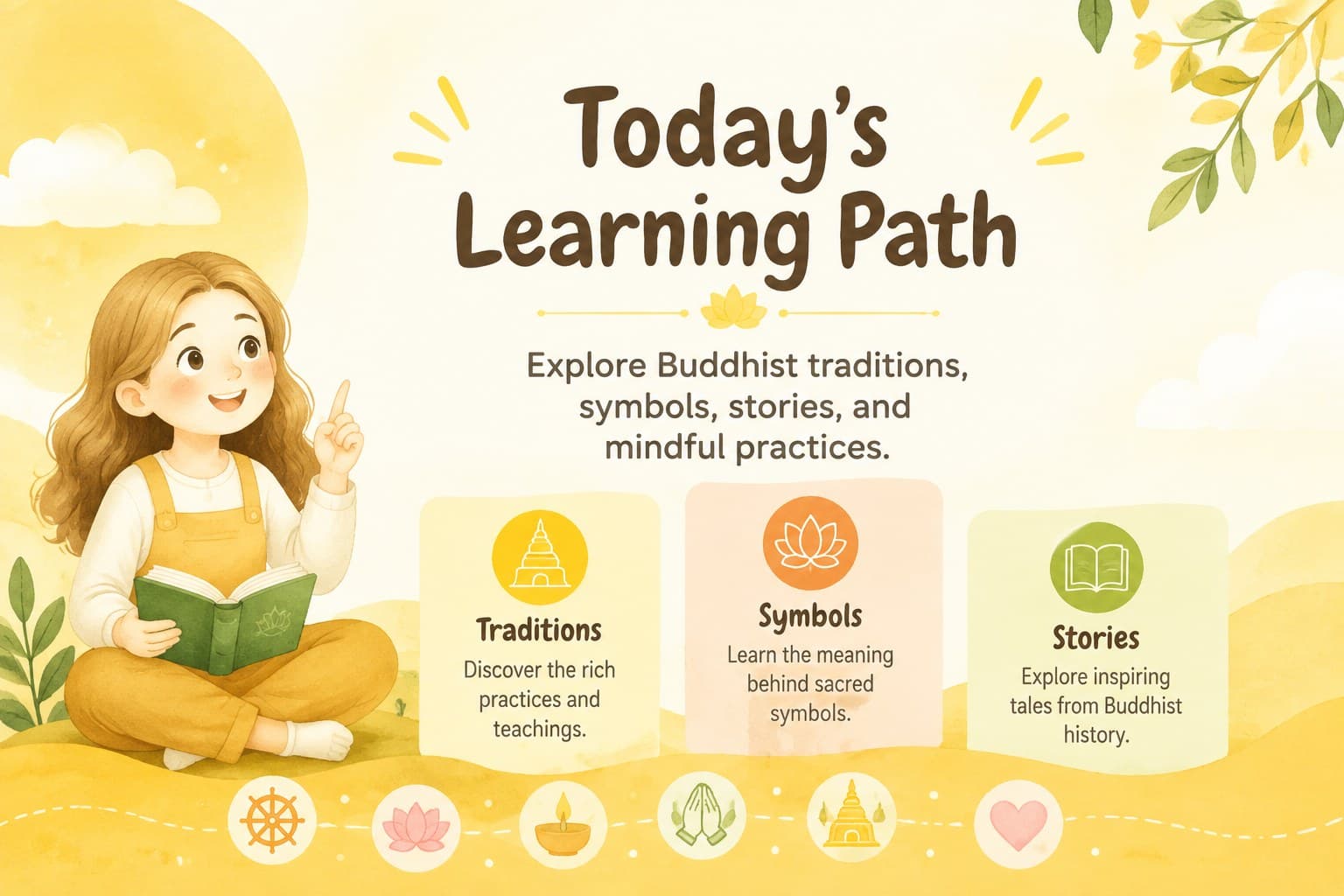 Buddhist culture lesson slide introducing classroom objectives with yellow accents and playful educational illustrations.