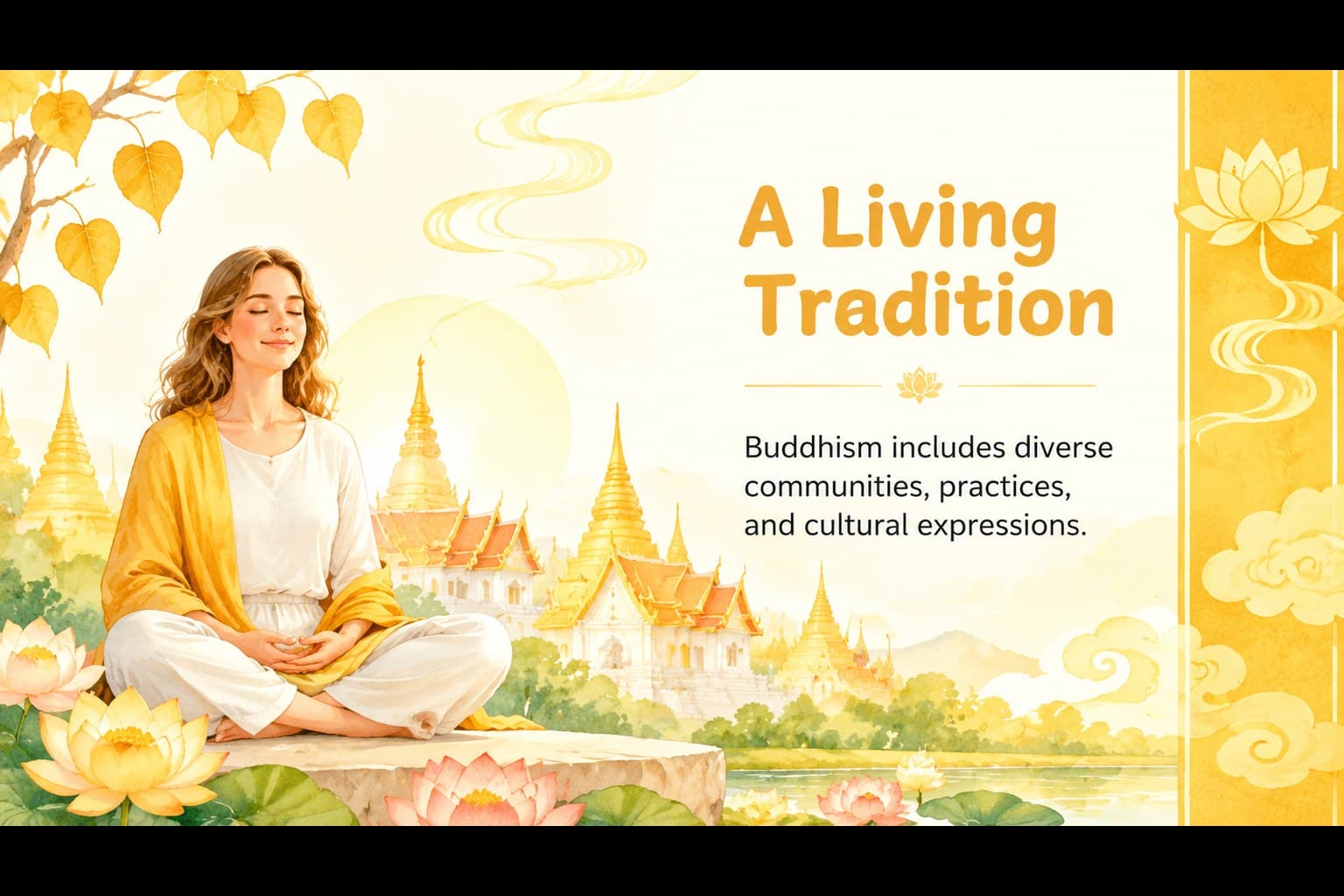 Classroom slide explaining Buddhist traditions through colorful illustrated content panels and bright yellow design elements.