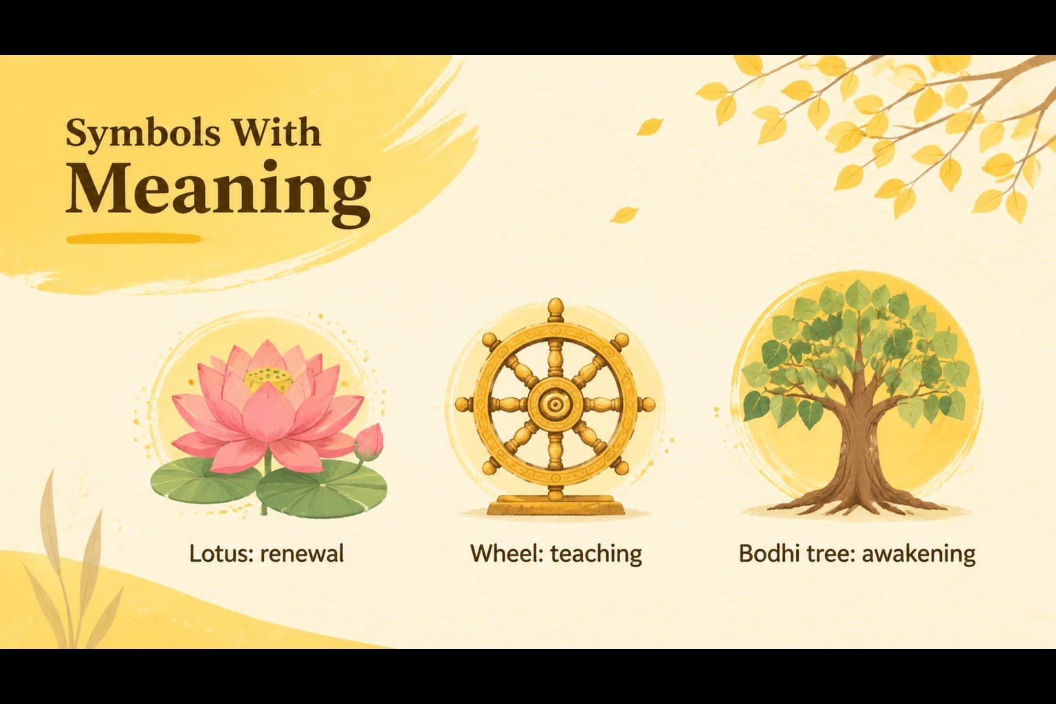 Buddhist symbols presentation slide featuring illustrated lotus imagery, labels, and a cheerful yellow background.