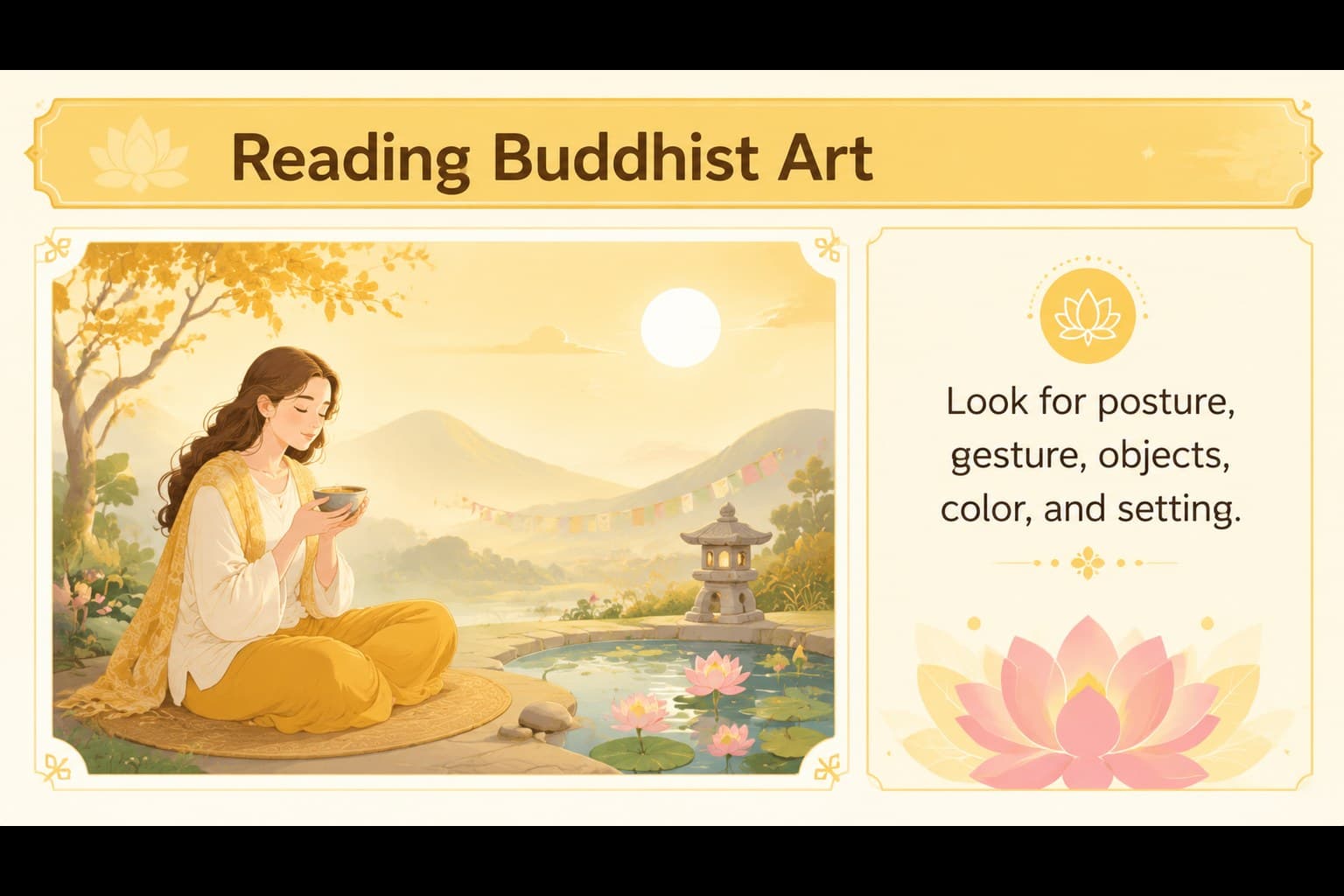 Buddhist art education slideshow with a large illustrated artwork area and concise classroom interpretation text.