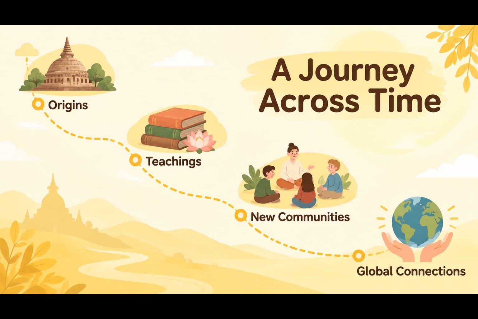 Colorful Buddhism classroom slide outlining a short sequence of historical developments with yellow timeline markers.