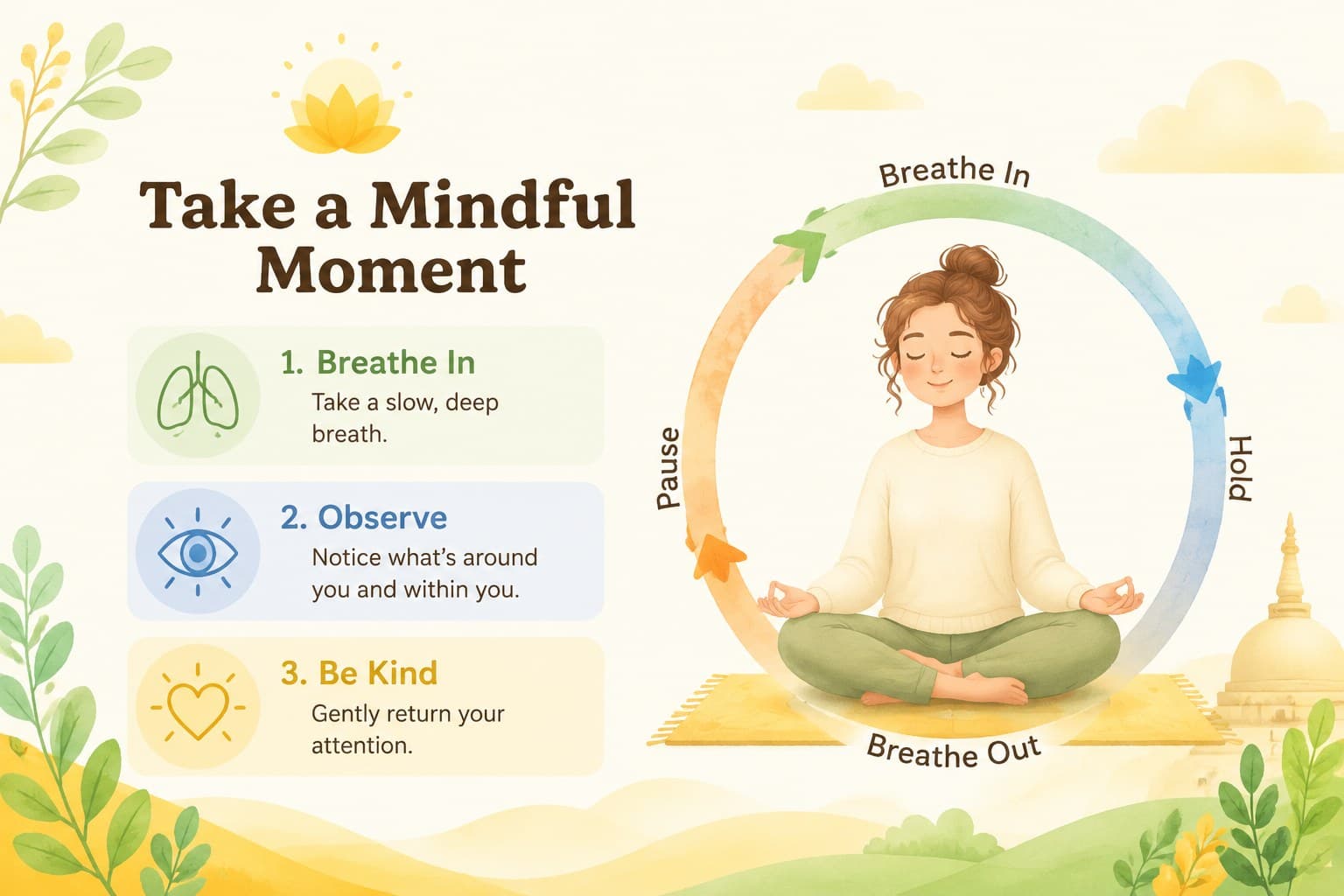Mindfulness lesson slide for students with a colorful breathing activity layout and sunny yellow illustrations.