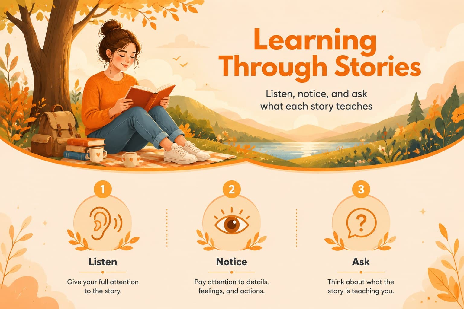 Story-based slide presenting an accessible introduction to Buddhist traditions.