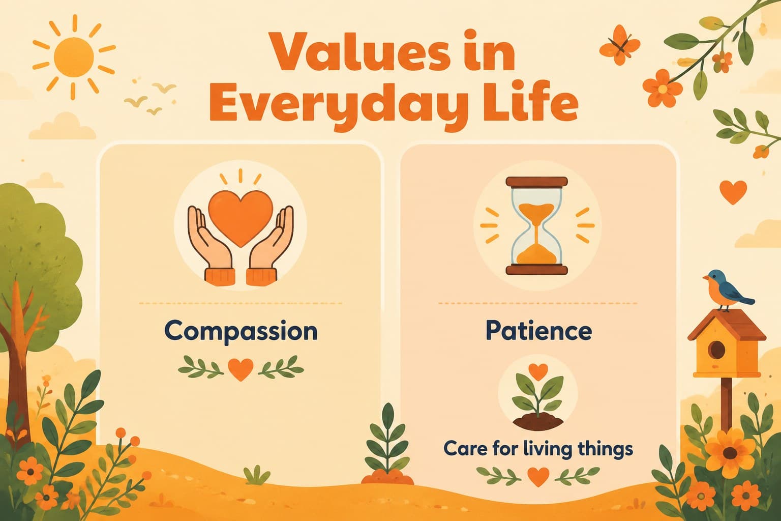 Values comparison slide connecting Buddhist teachings with everyday kindness.