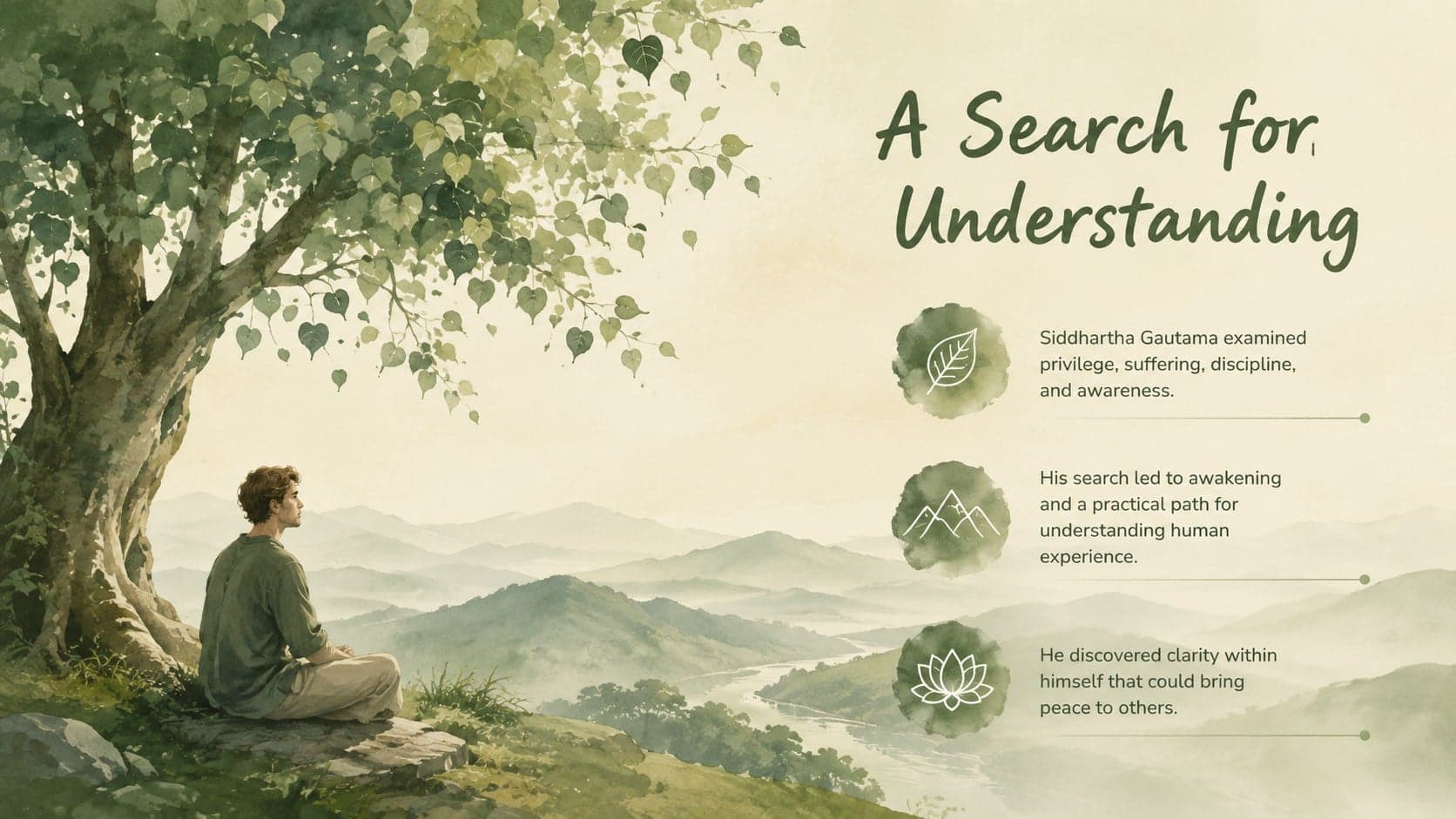 Buddhist philosophy classroom presentation slide summarizing Siddhartha Gautama's search for understanding.