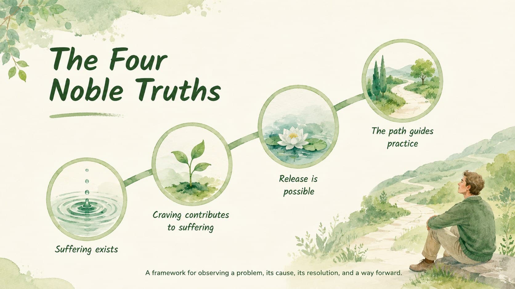 Four Noble Truths lesson slide displaying four connected watercolor circles with concise explanations.
