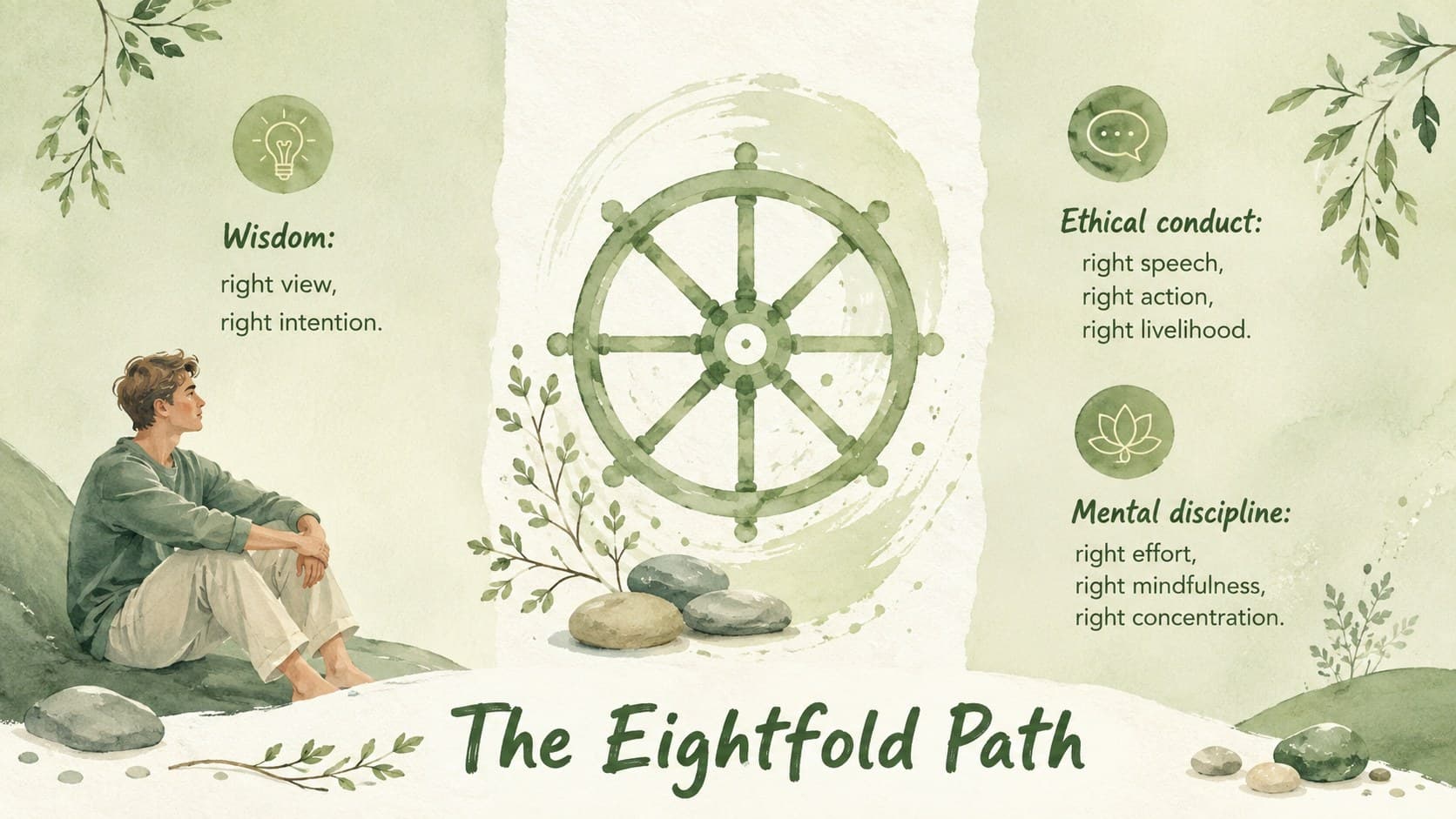 Eightfold Path presentation for students organized into wisdom, ethical conduct, and mental discipline.