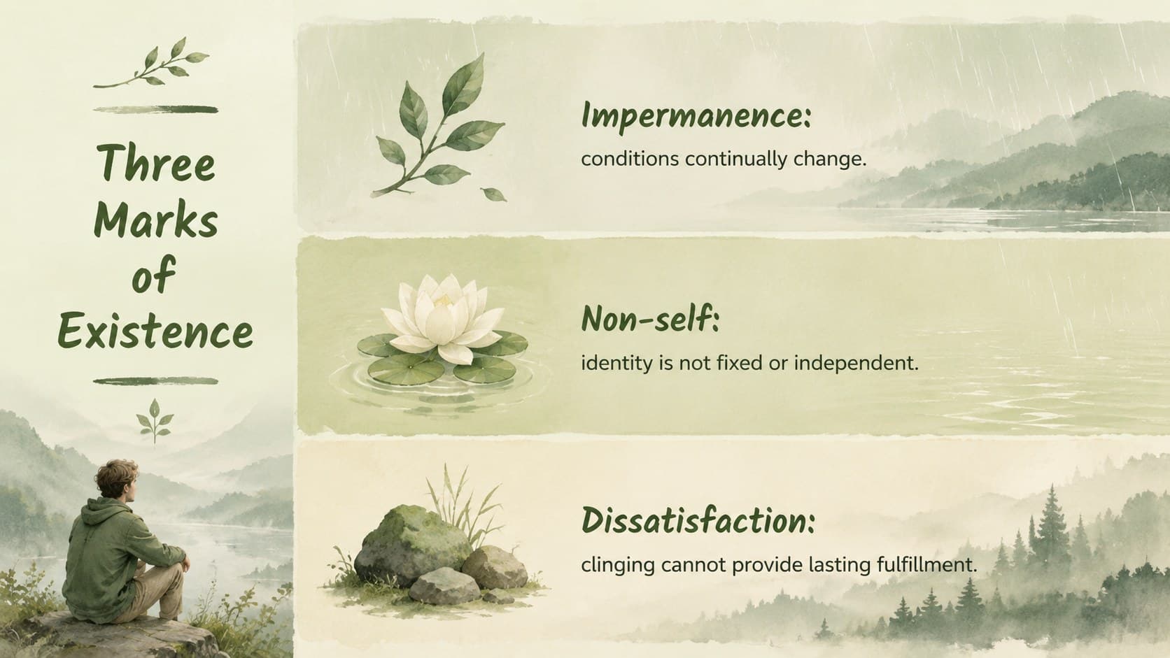 Buddhist teachings slide explaining impermanence, non-self, and dissatisfaction through watercolor nature symbols.