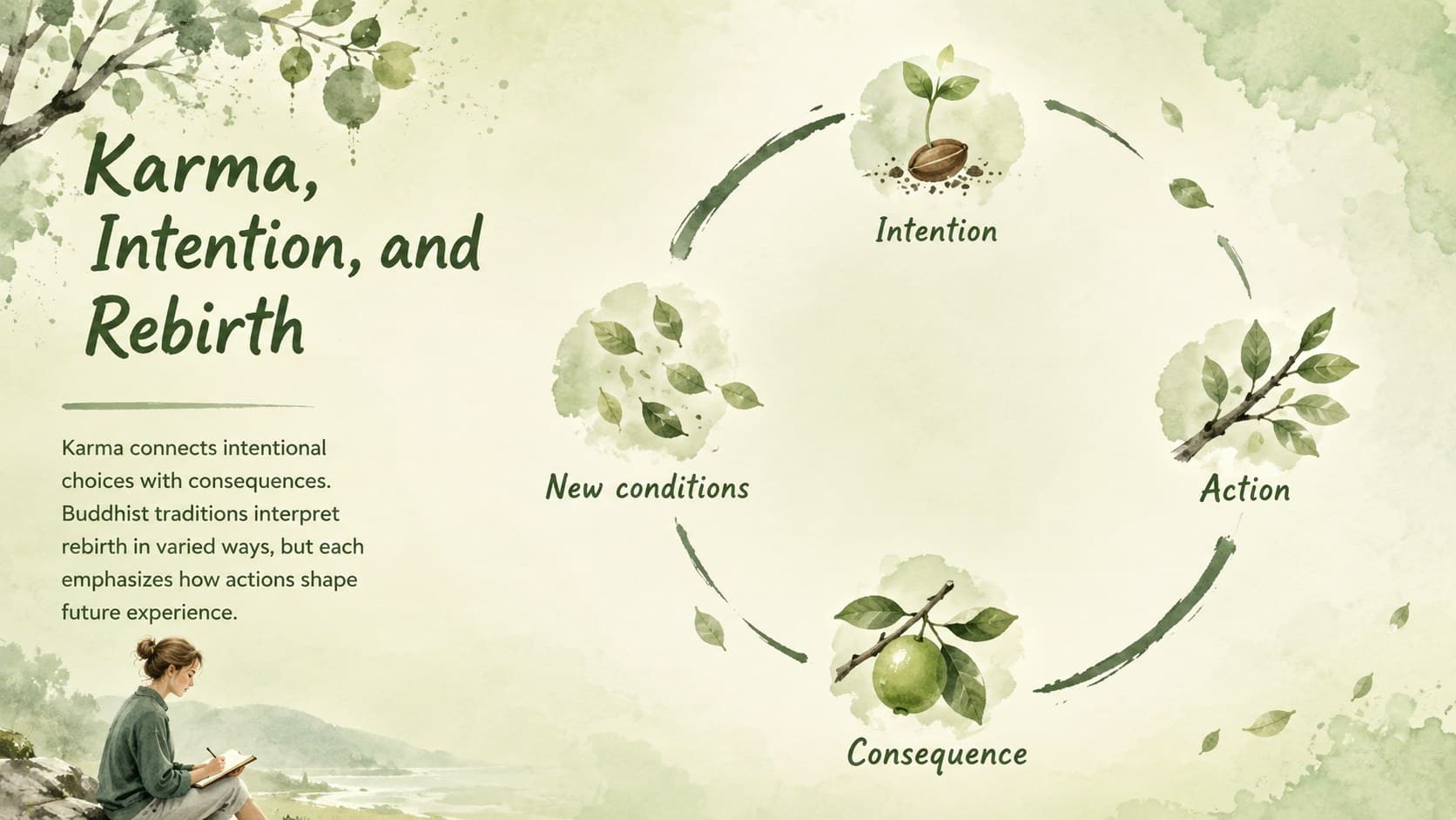 Buddhism classroom lesson slide illustrating karma and rebirth as cycles of intention, action, and consequence.