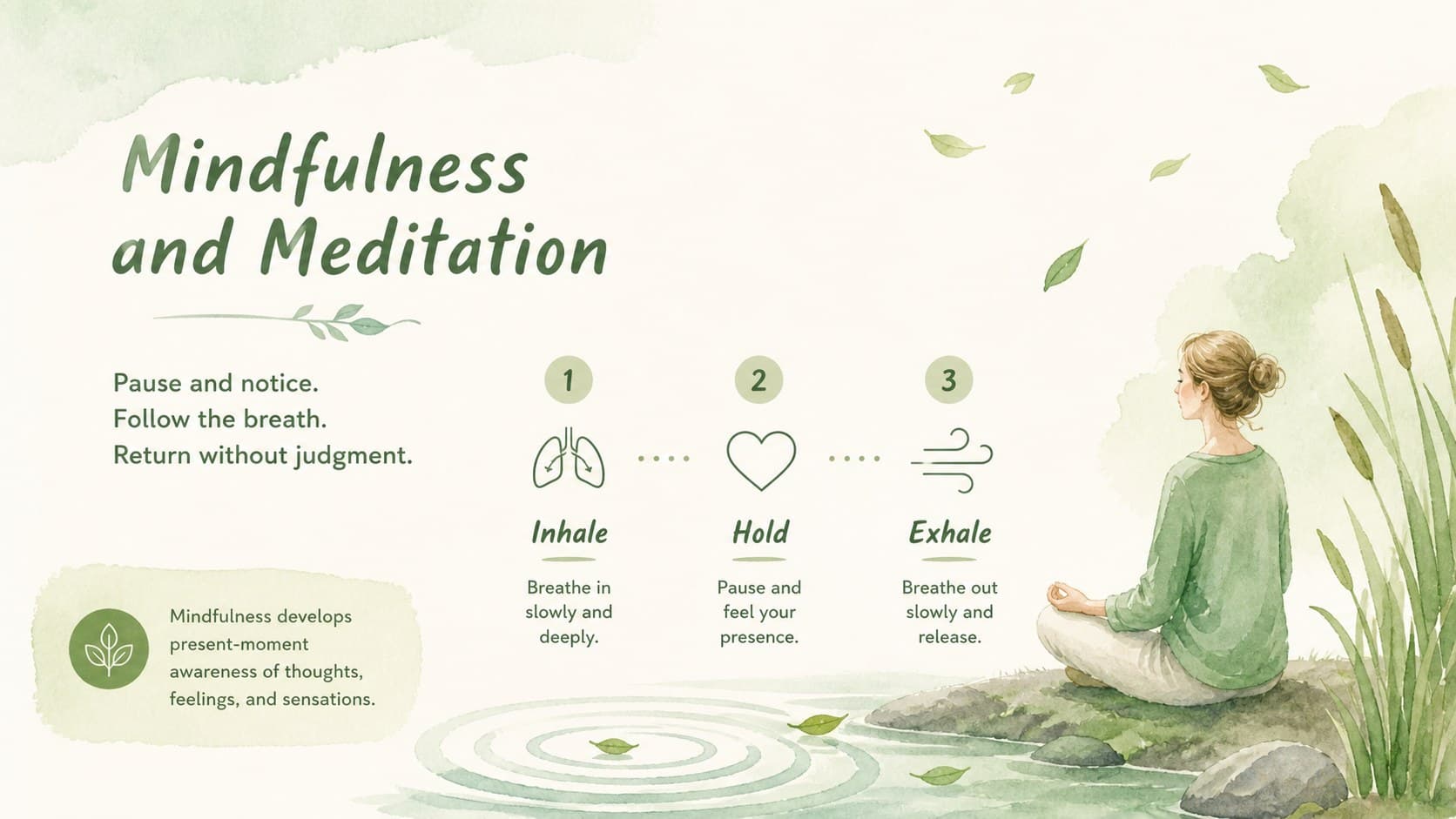 Mindfulness and meditation lesson slide with a breathing sequence and serene green watercolor details.