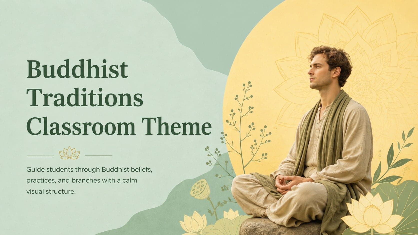 Cover for the Buddhist Traditions Classroom Theme with green and yellow botanical accents.