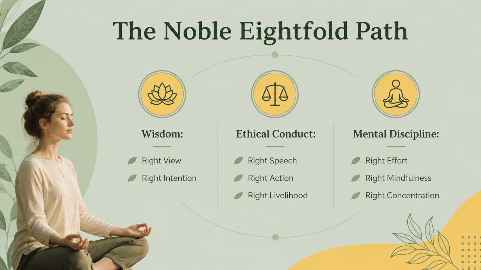 Buddhism lesson slide presenting the Noble Eightfold Path in three learning groups.