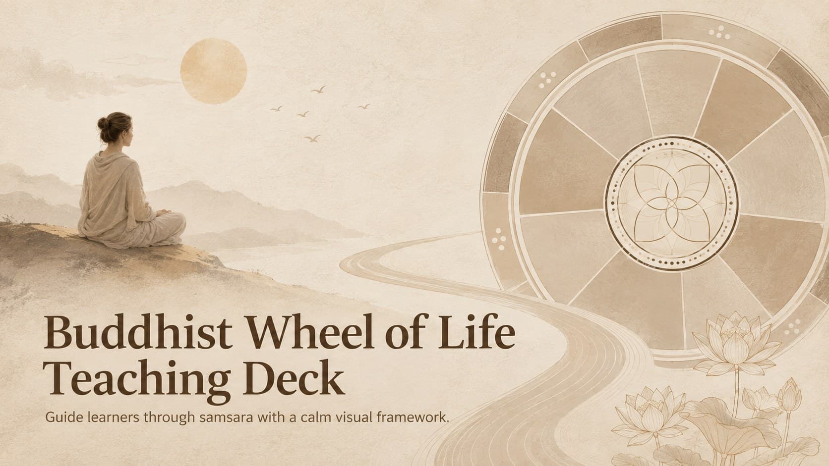 Cover of a Buddhist Wheel of Life teaching deck with a minimalist circular motif in warm brown and neutral tones.