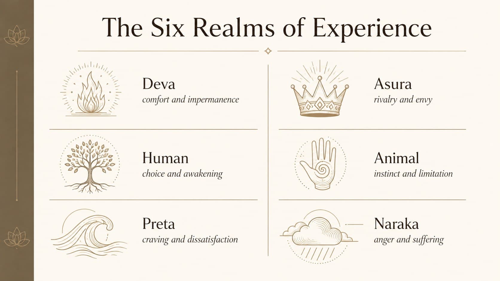 Samsara cycle lesson slide comparing the six realms through concise descriptions and reflection prompts.