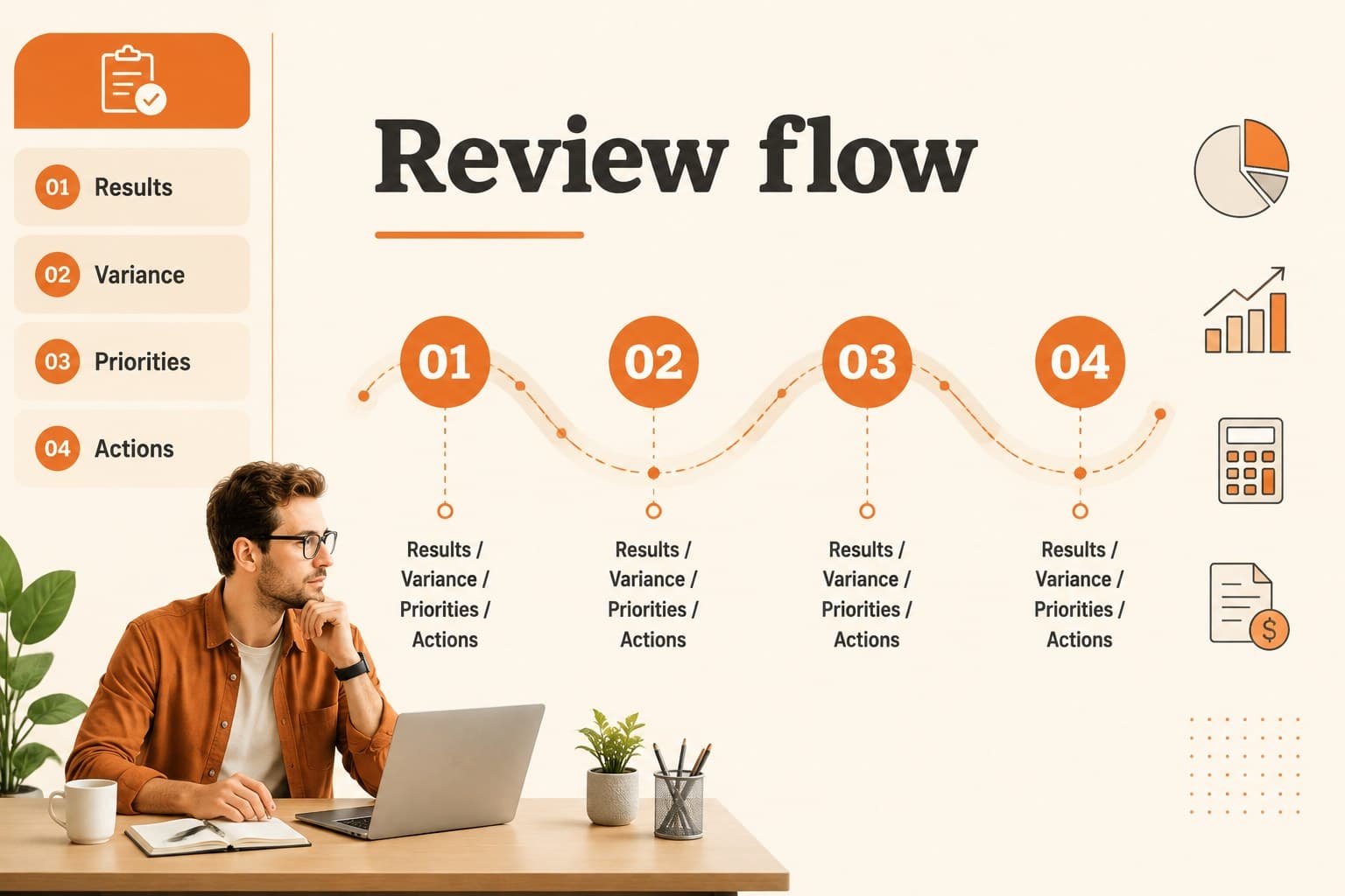 Agenda slide outlining a structured budget review meeting with orange finance icons.