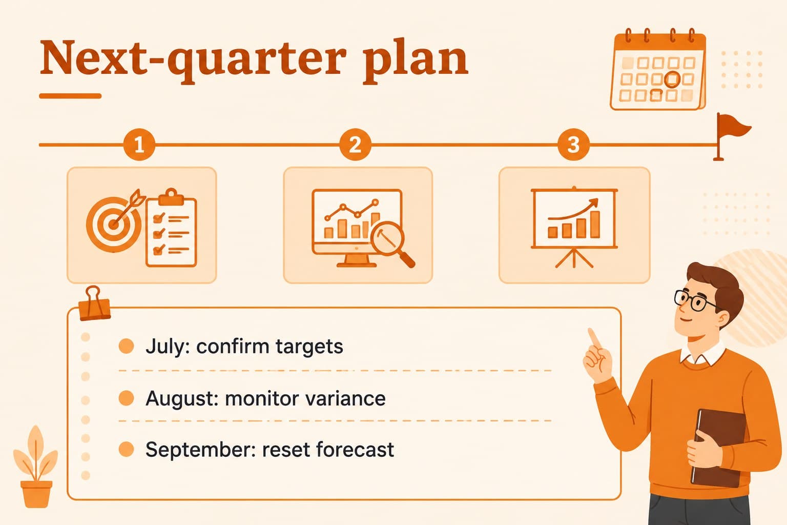 Planning timeline slide mapping financial actions across the next quarter.