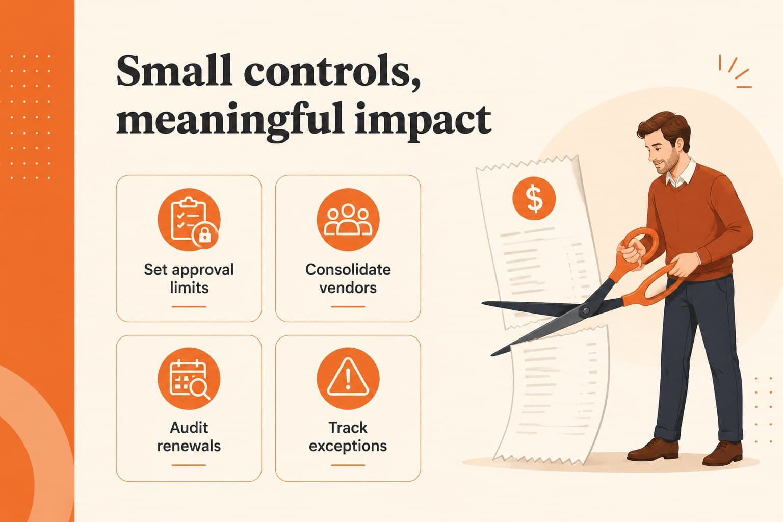 Cost-control slide with editable callouts for reducing unnecessary spending.