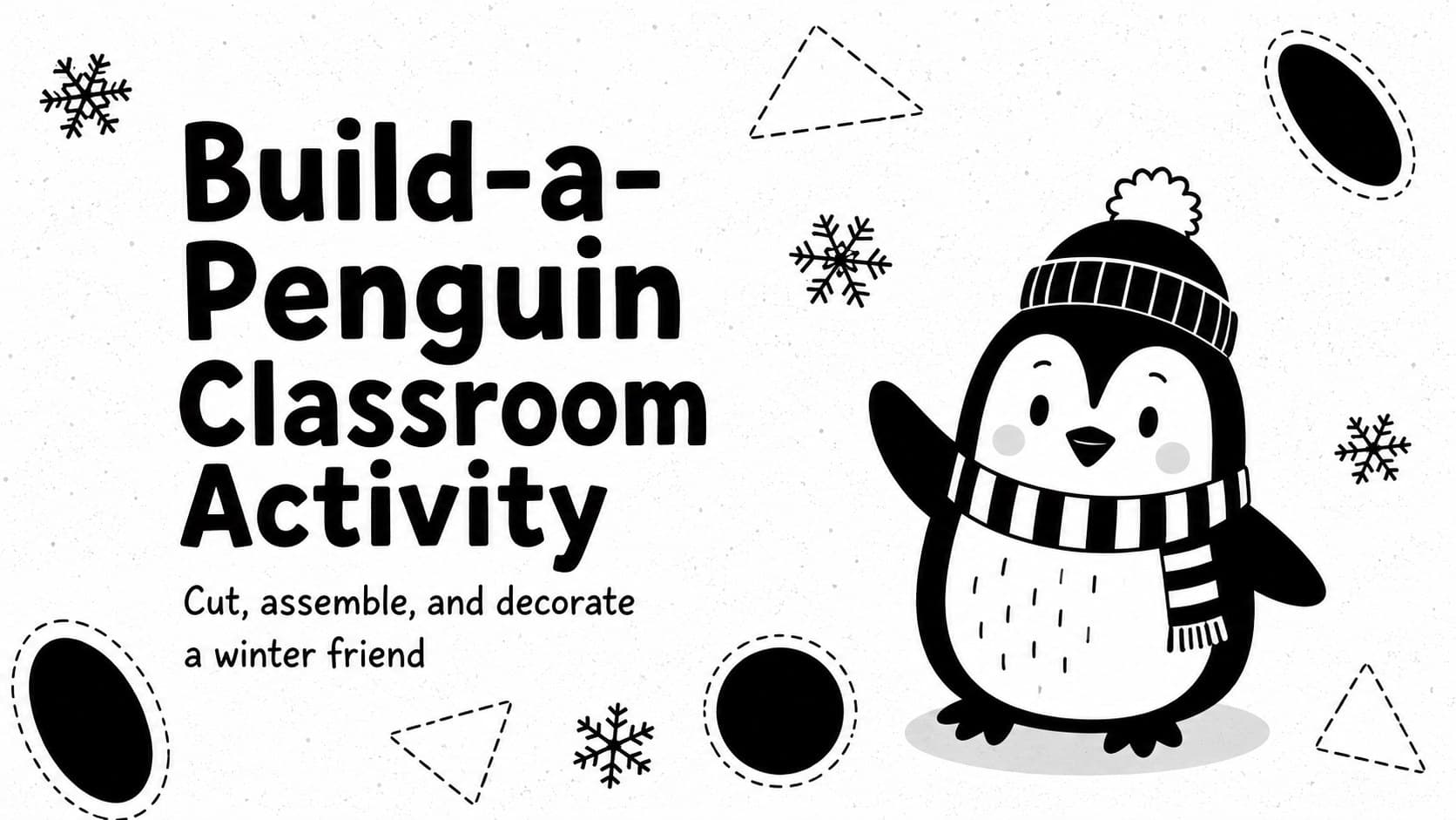 Cover for a build-a-penguin classroom activity with a cheerful monochrome penguin and bold winter craft title.