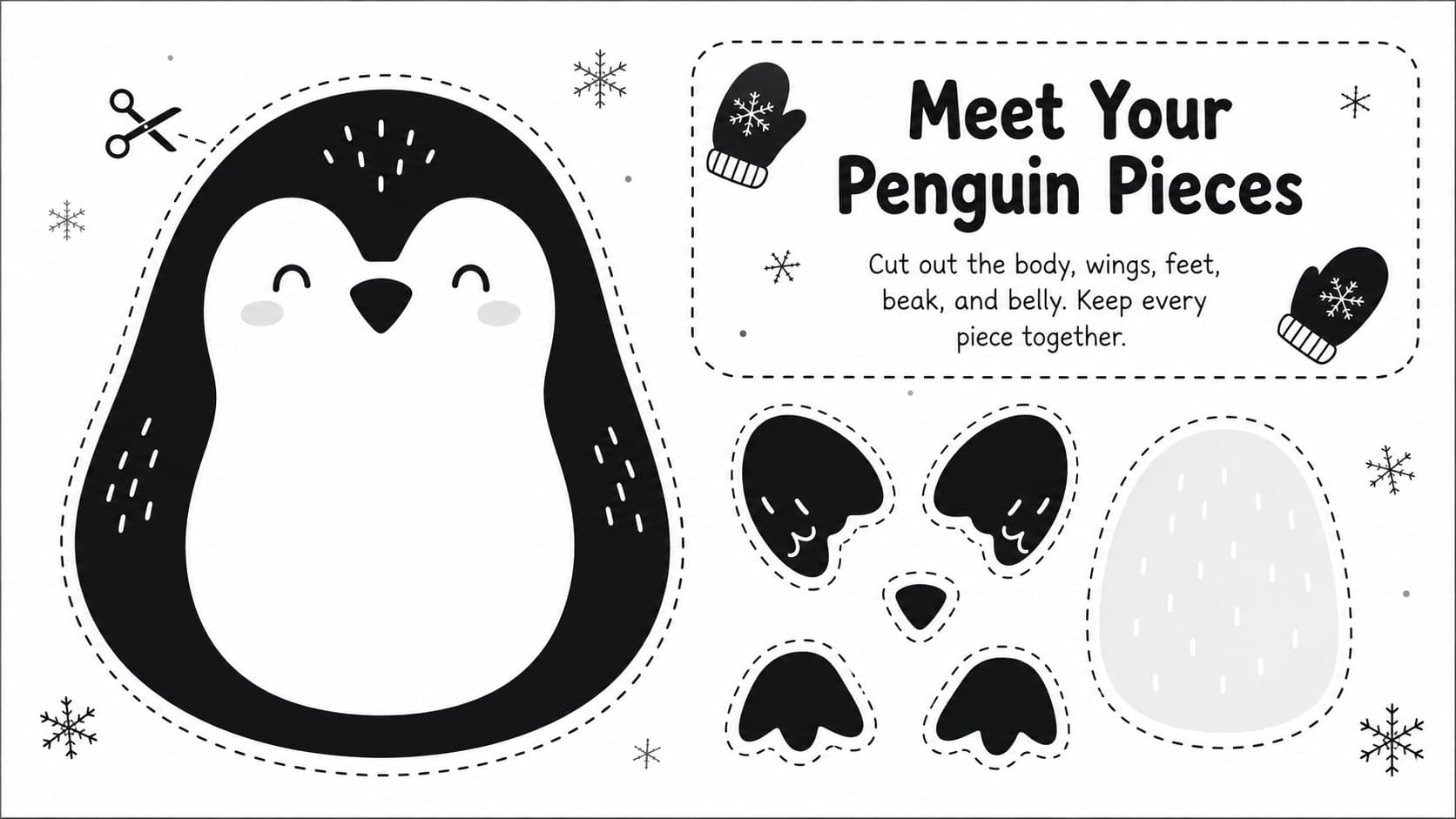 Printable penguin cut and paste activity page showing newly arranged body pieces with clear cutting directions.