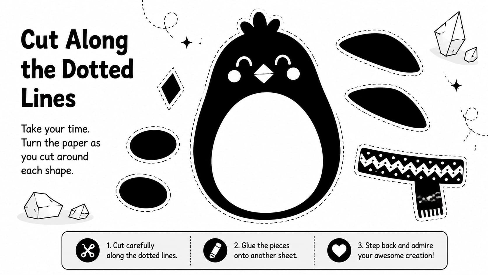 Winter fine motor skills worksheet with large original penguin components ready for children to cut out.
