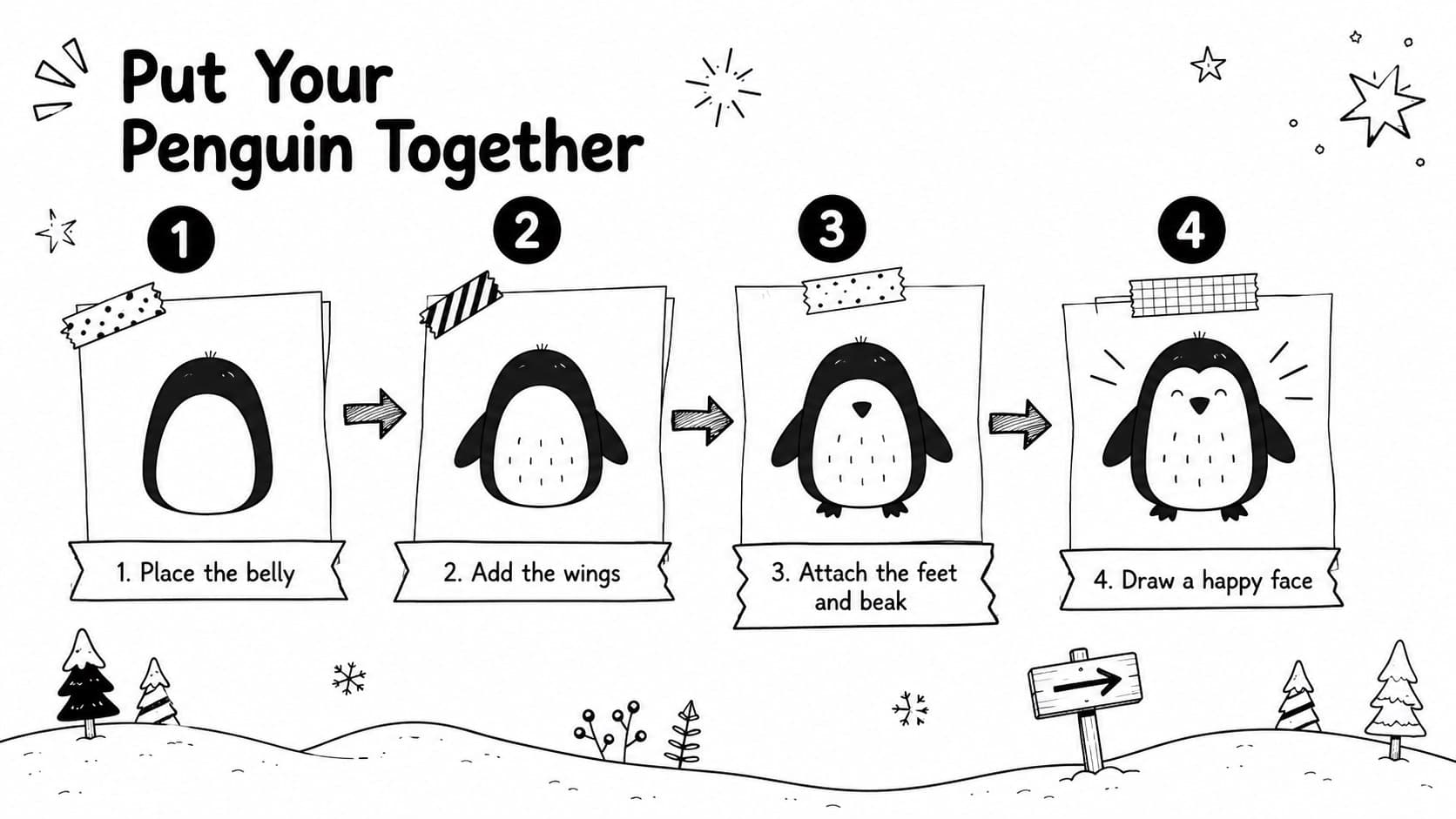 Penguin craft assembly guide presenting four numbered steps in a clear classroom-friendly sequence.