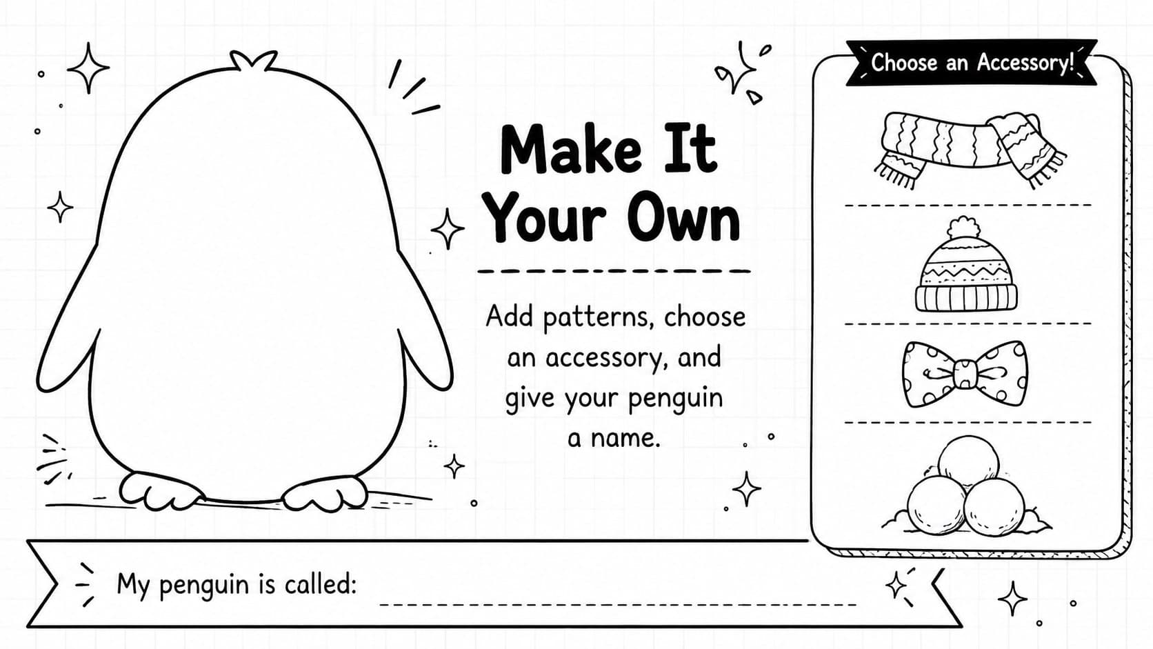 Editable arctic animal craft template page inviting students to decorate and name an original penguin.