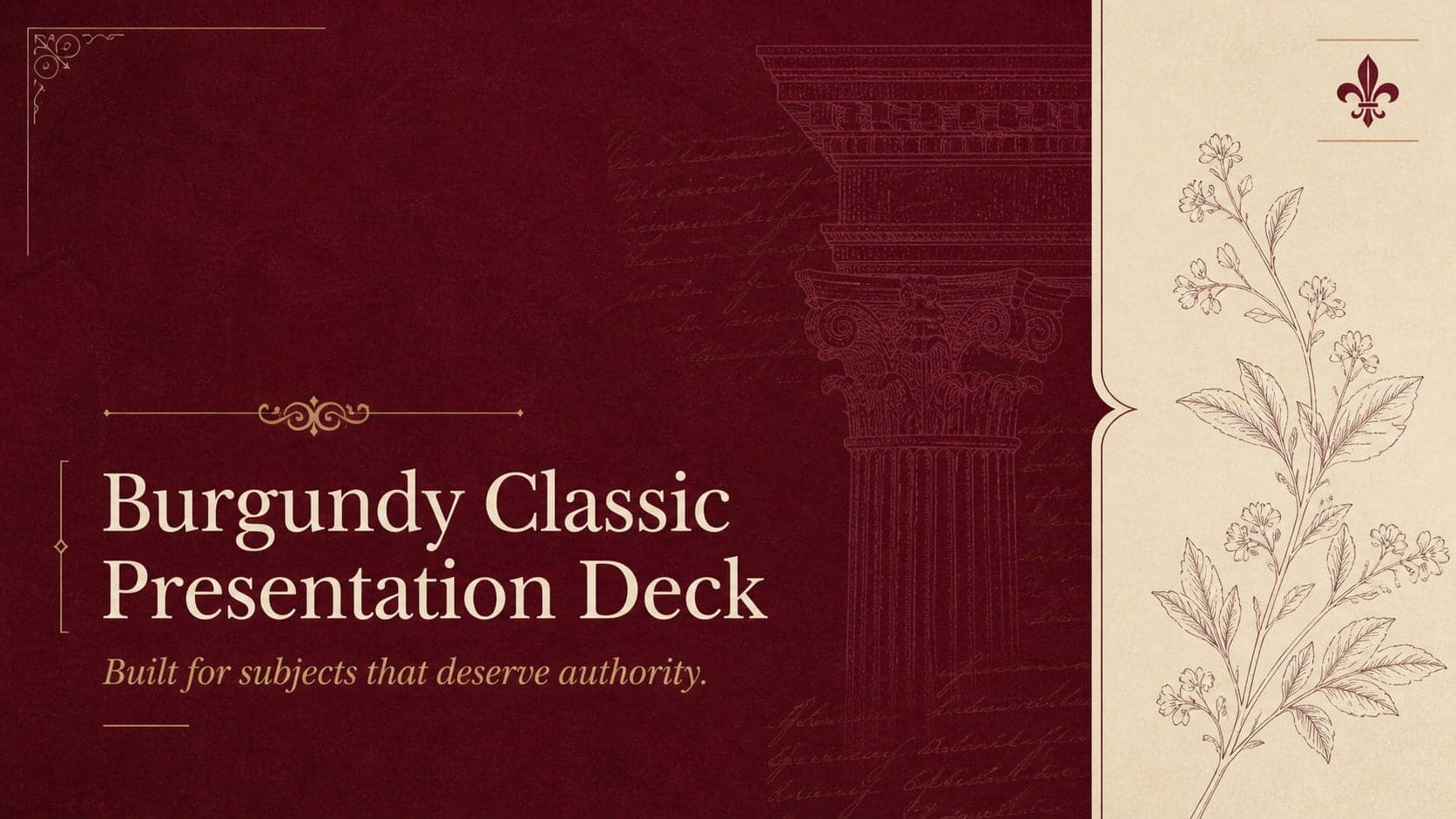 Cover of the Burgundy Classic Presentation Deck with elegant serif lettering and wine-red ornamental details.