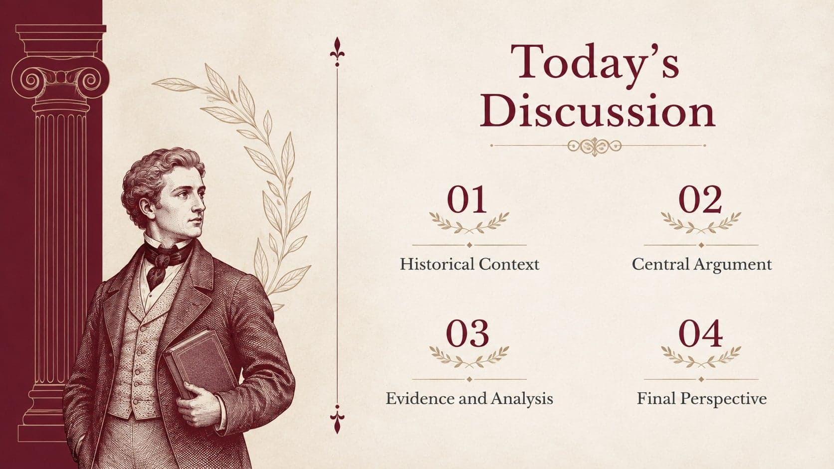 Agenda layout from a classic legal briefing slide deck with four structured discussion topics.