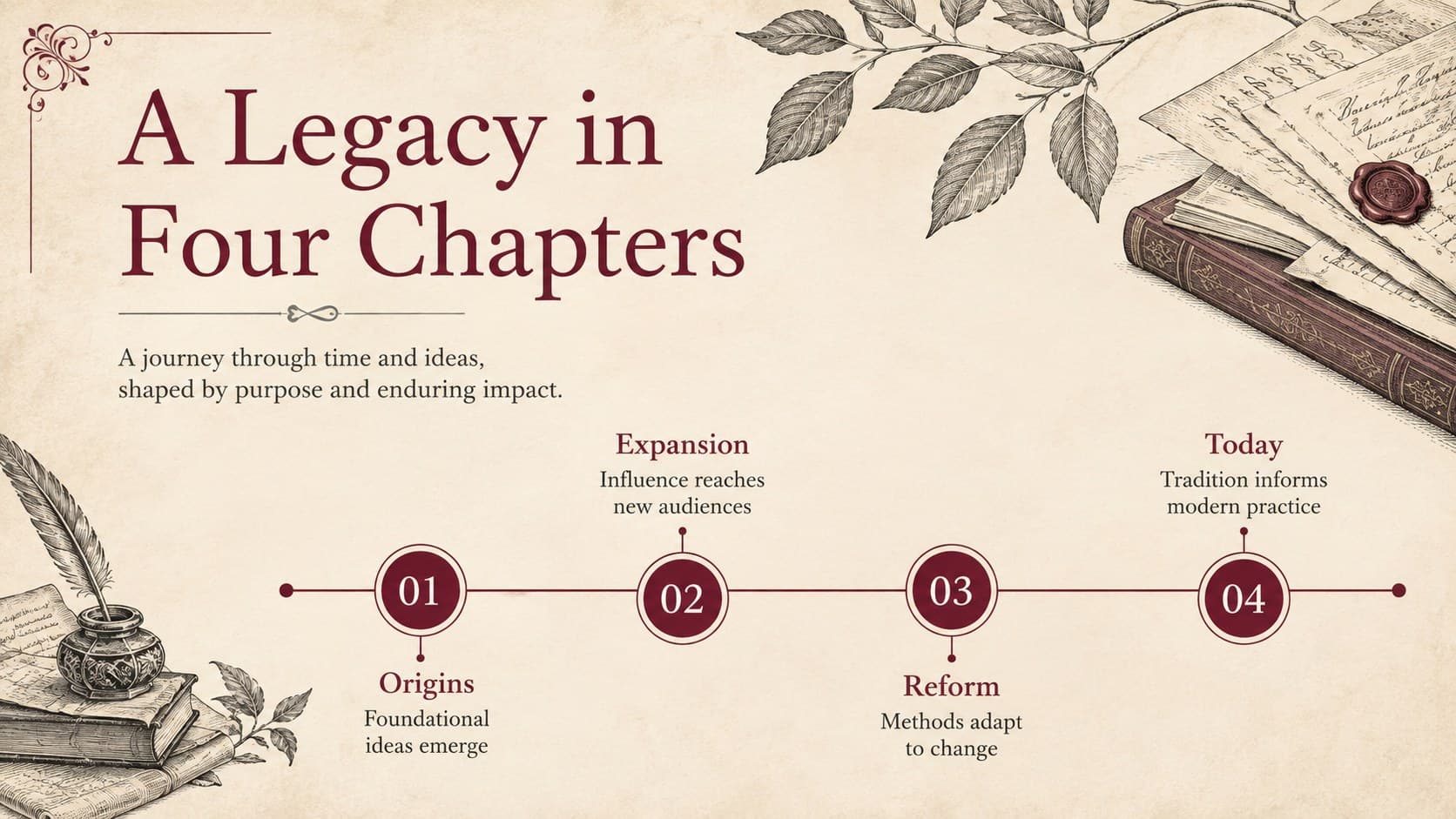Burgundy academic presentation slide showing a historical timeline with four dated milestones.