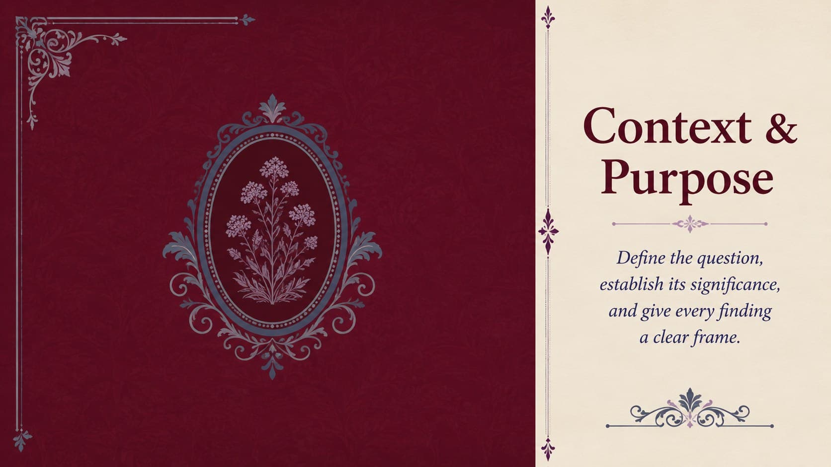 Formal heritage research slide introducing context and purpose through an asymmetrical editorial layout.