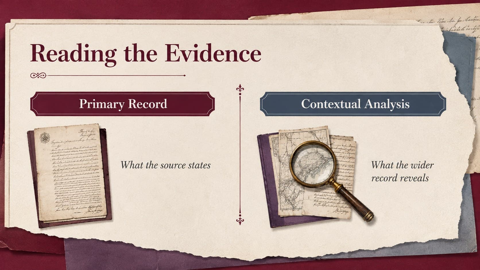 Elegant law presentation slide comparing primary records with contextual analysis.