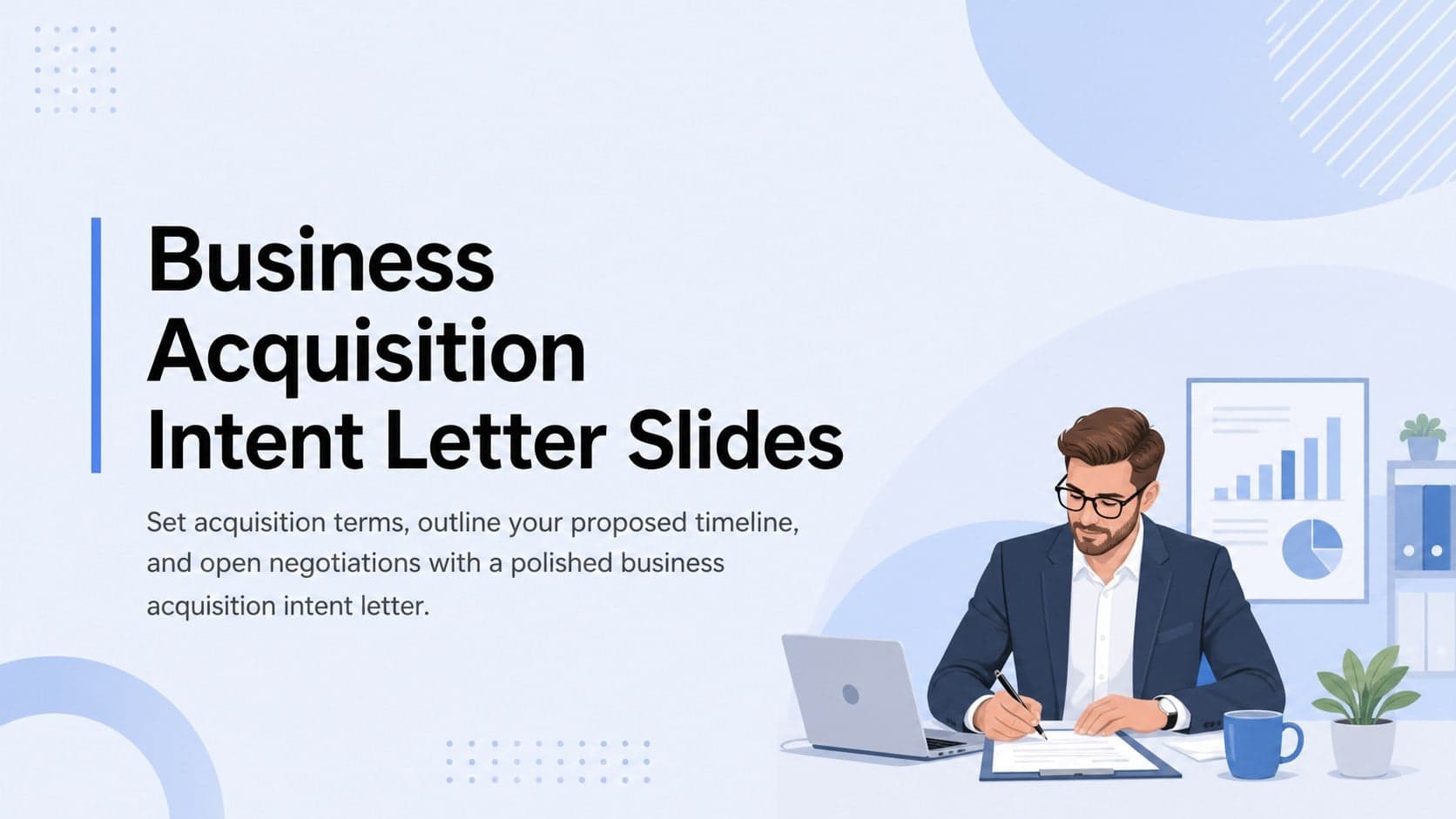 Blue and pastel cover slide for a business acquisition intent letter with a professional corporate layout.