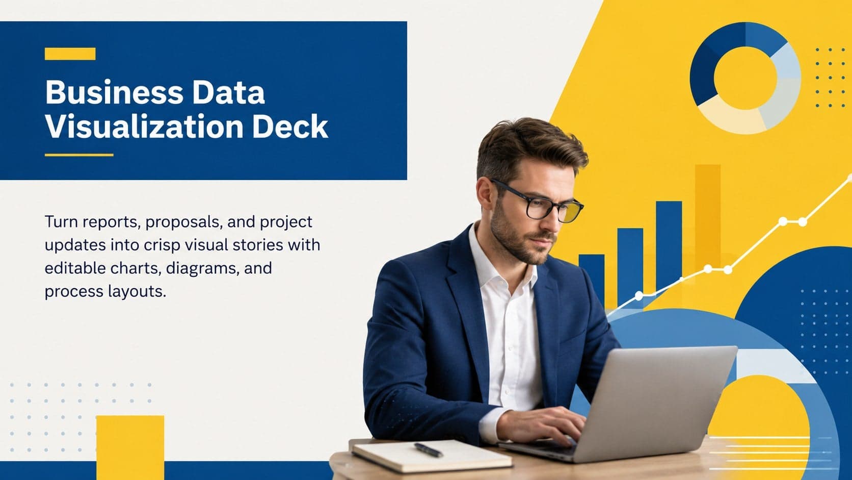 Blue and yellow cover for a Business Data Visualization Deck with bold corporate typography and geometric data graphics.