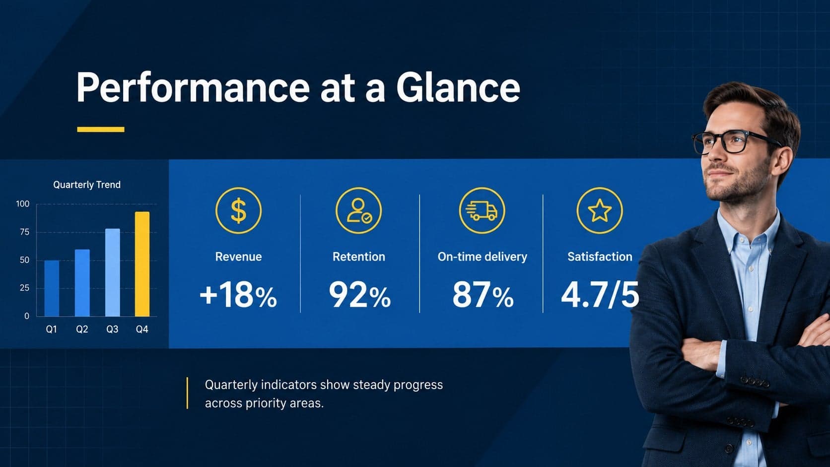 Editable KPI dashboard presentation with revenue, retention, delivery, and satisfaction metrics.
