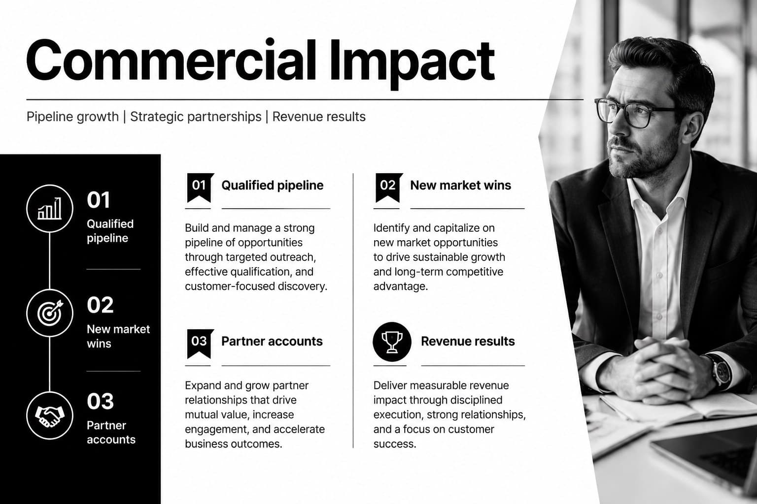 Resume experience slide showing business development achievements and measurable sales results.