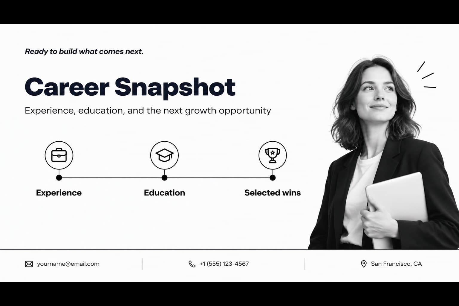 Business development career timeline slide with education, roles, and contact details in a monochrome layout.
