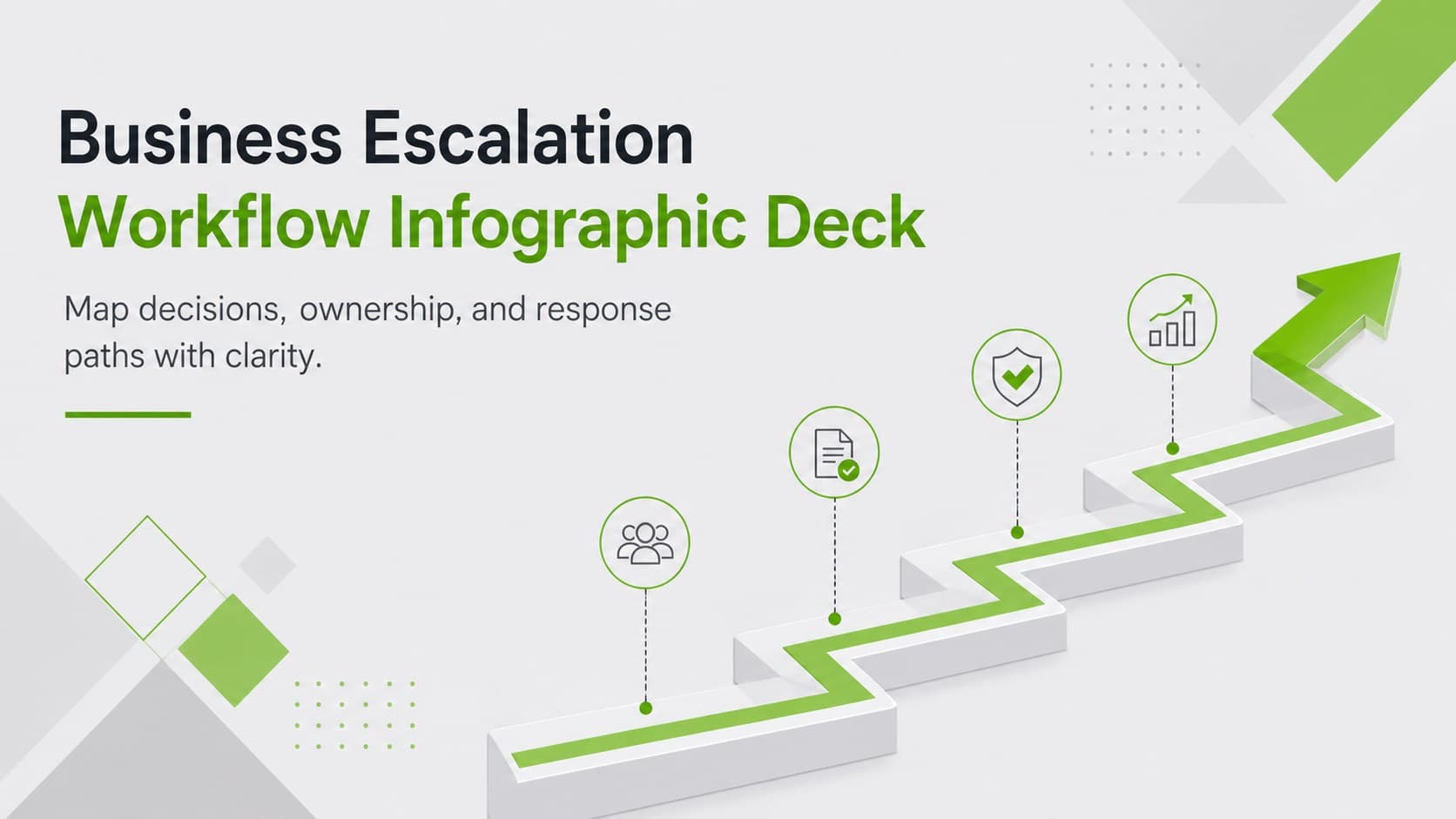 Cover of a business escalation workflow infographic deck in a modern green and grey corporate style.