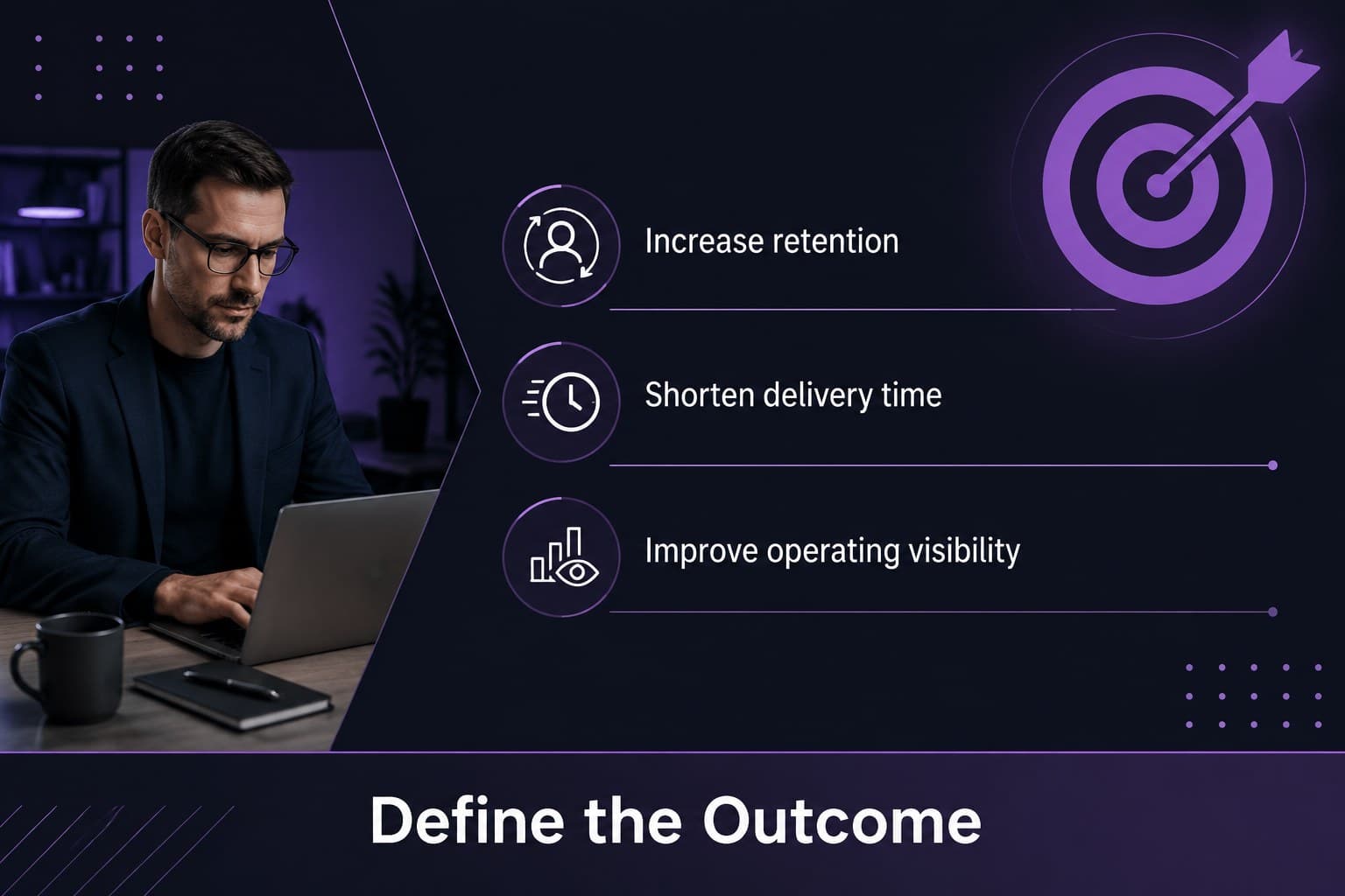 Objective-setting slide organizing business goals into clear measurable outcomes.